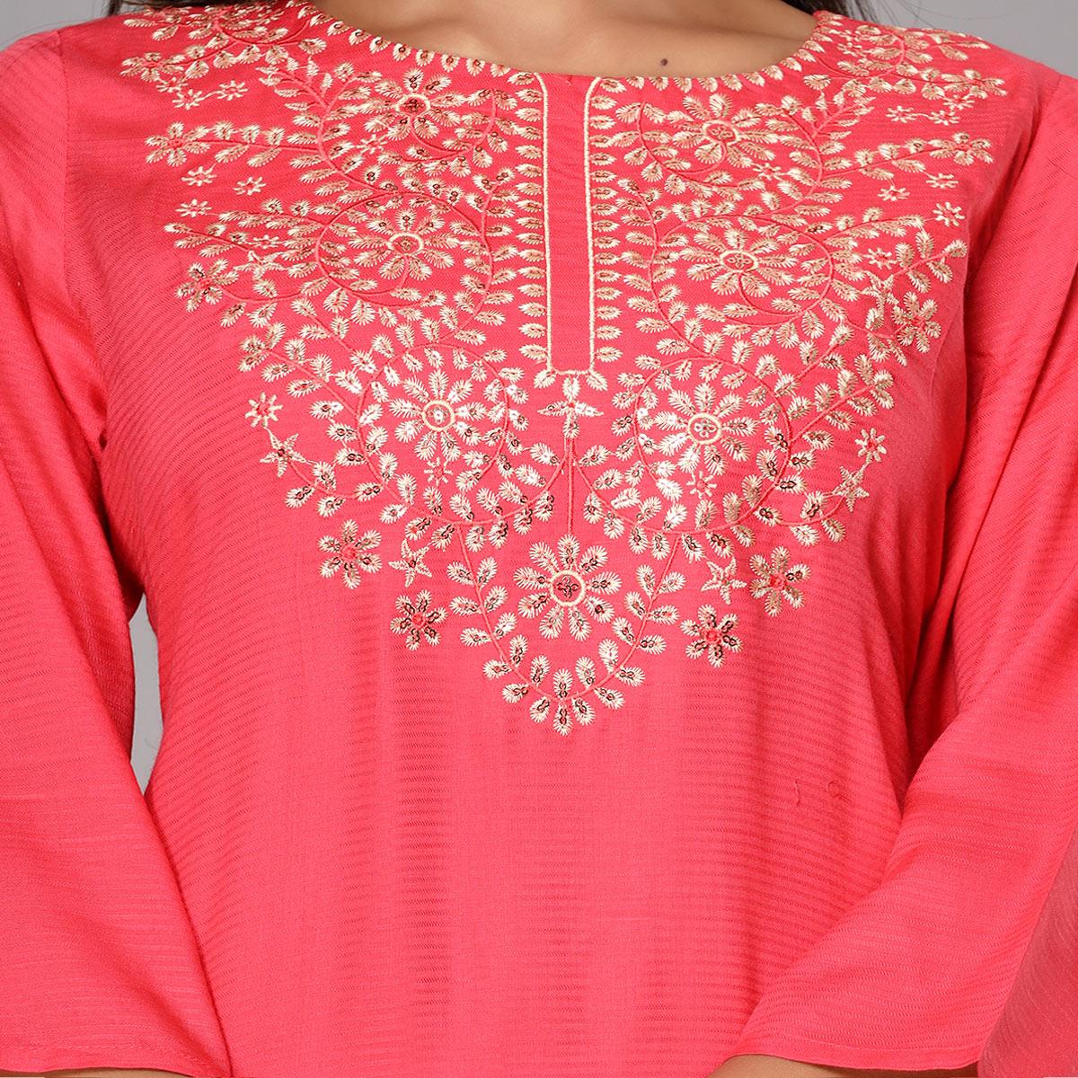 Pink Floral Sequence Embroidered Cotton Silk Kurti - Peachmode