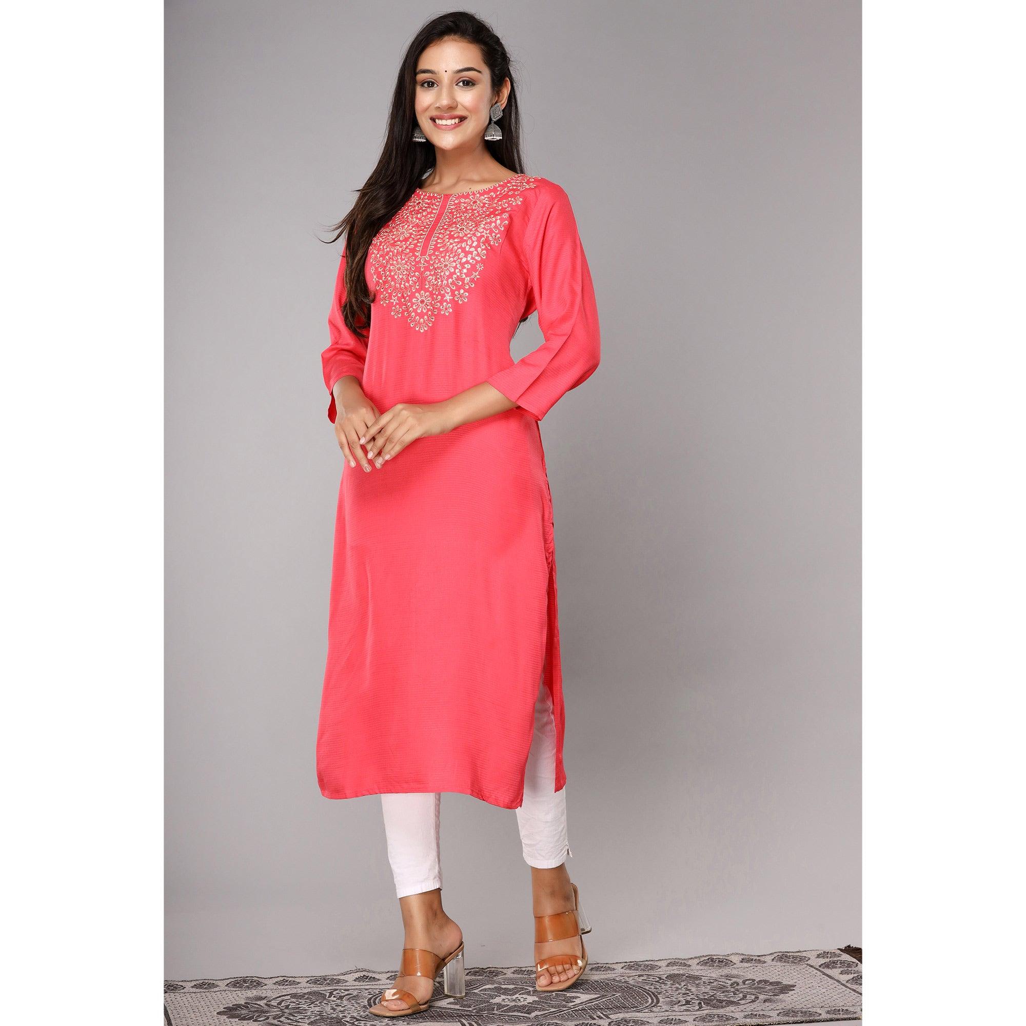 Pink Floral Sequence Embroidered Cotton Silk Kurti - Peachmode