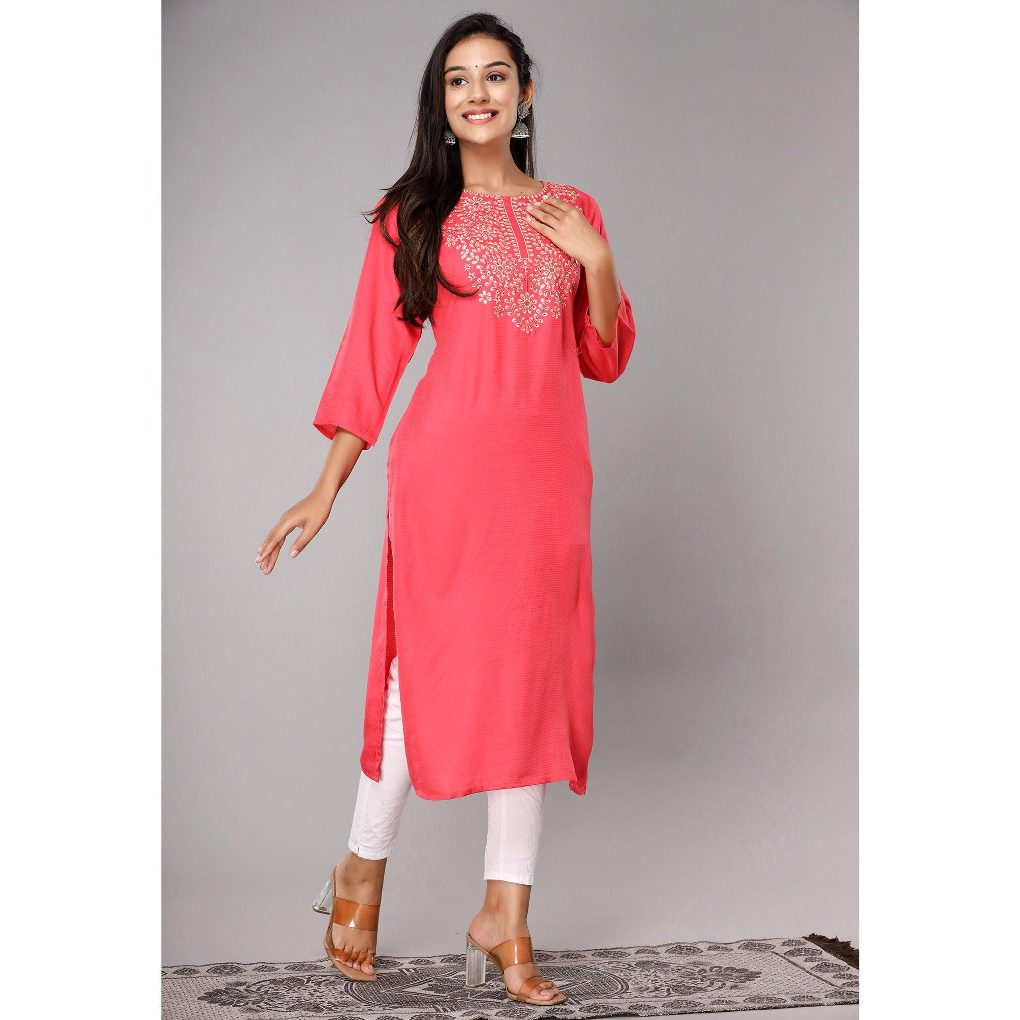 Pink Floral Sequence Embroidered Cotton Silk Kurti - Peachmode