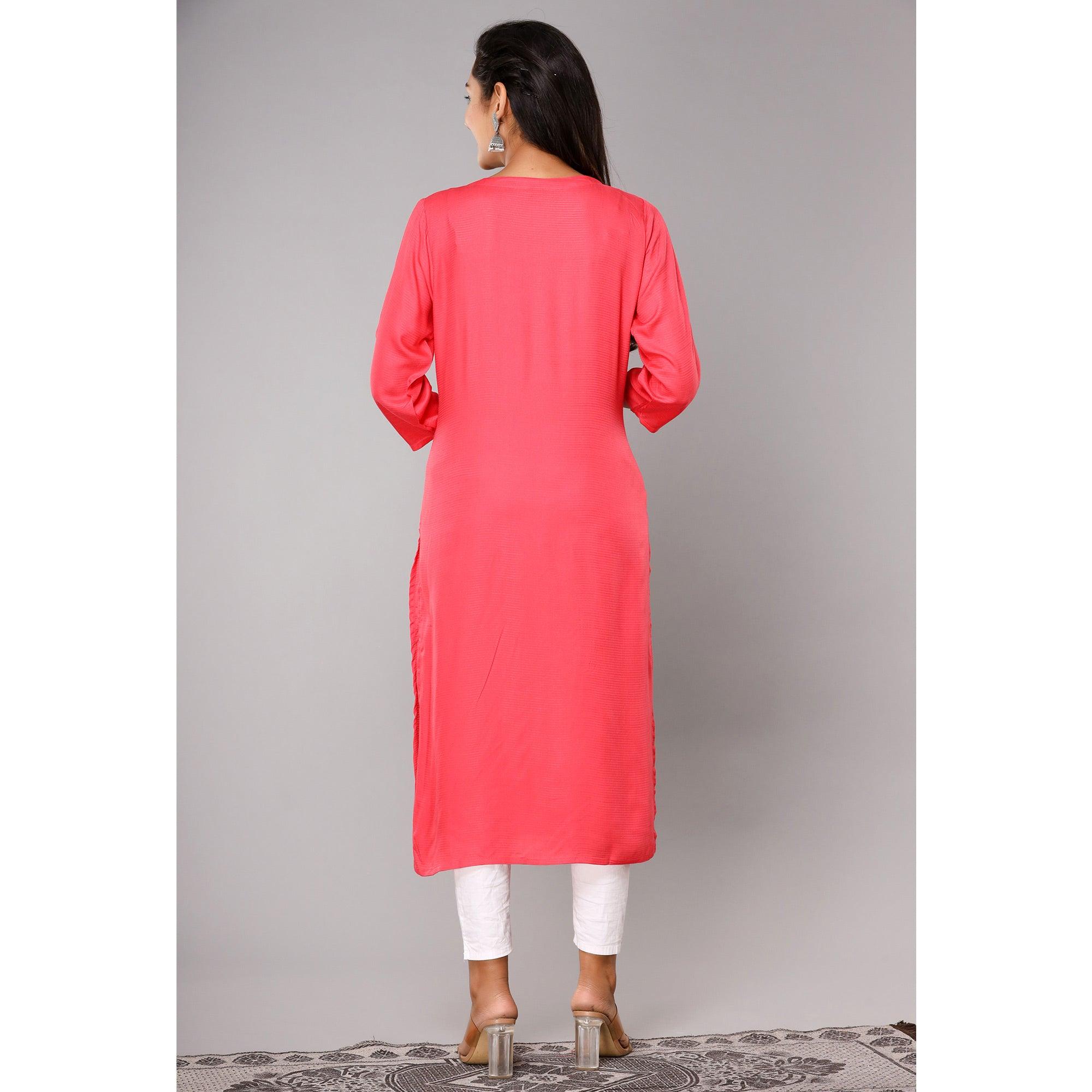 Pink Floral Sequence Embroidered Cotton Silk Kurti - Peachmode