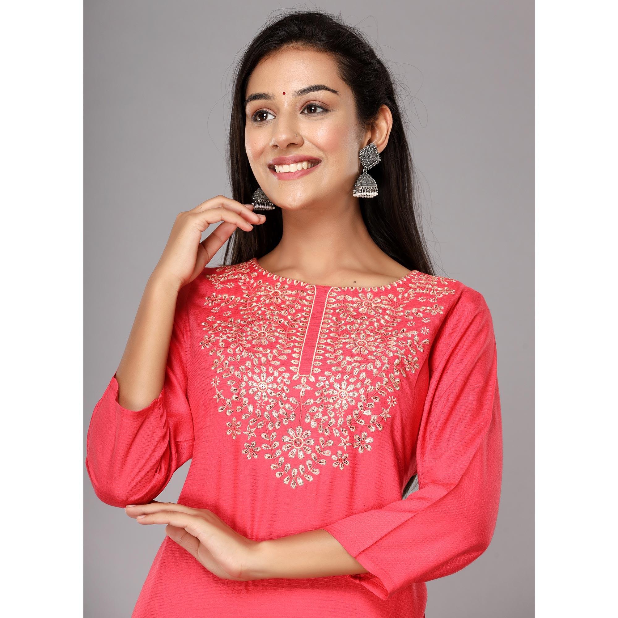 Pink Floral Sequence Embroidered Cotton Silk Kurti - Peachmode