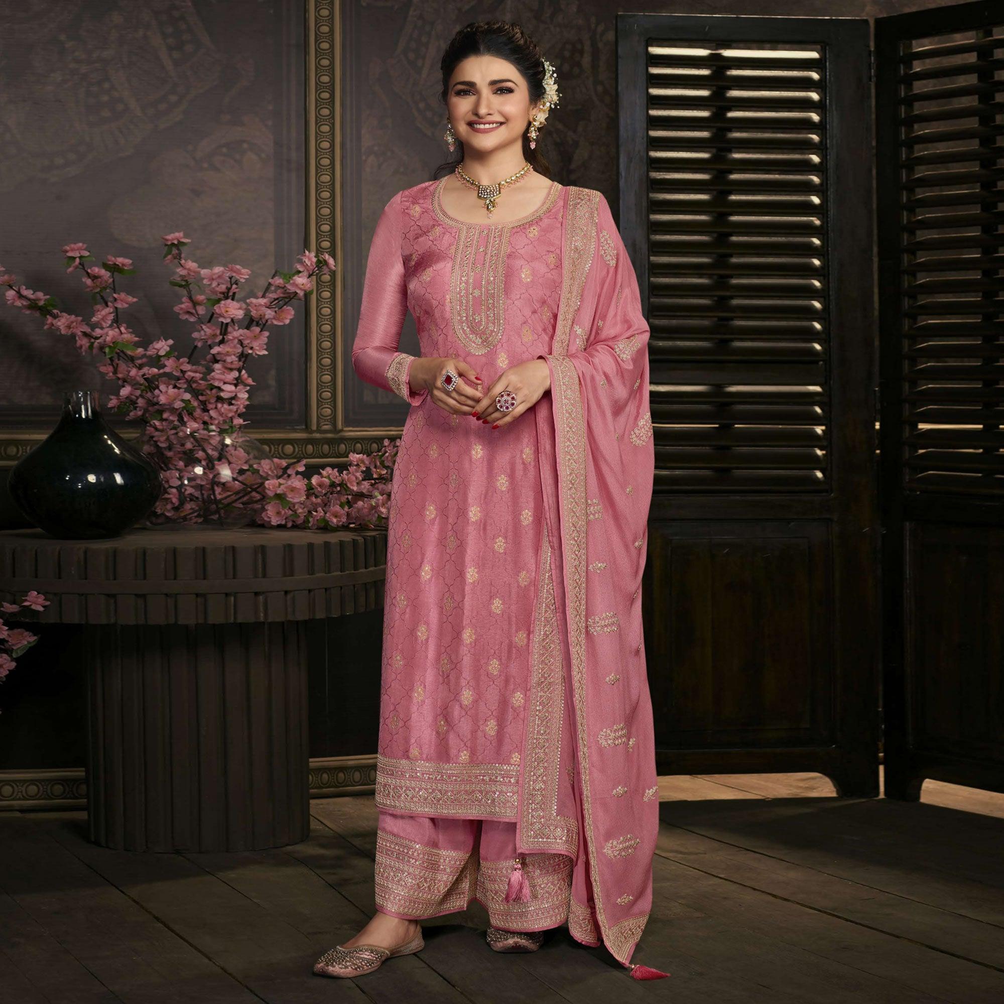 Pink Floral Sequence Embroidered Dola Silk Palazzo Suit - Peachmode