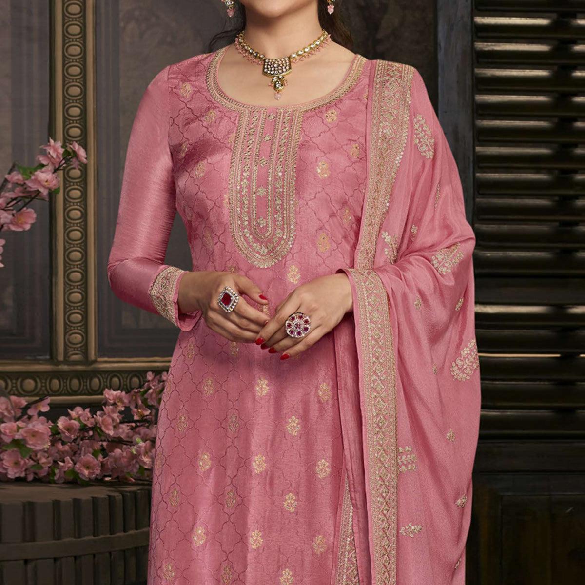Pink Floral Sequence Embroidered Dola Silk Palazzo Suit - Peachmode