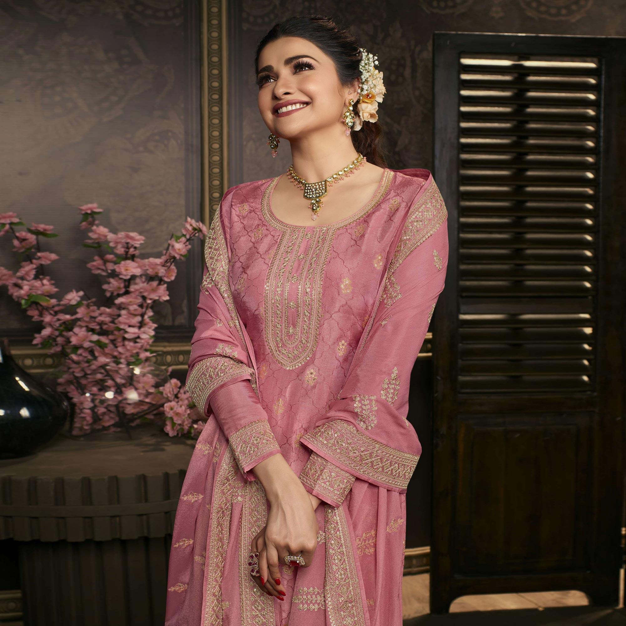 Pink Floral Sequence Embroidered Dola Silk Palazzo Suit - Peachmode