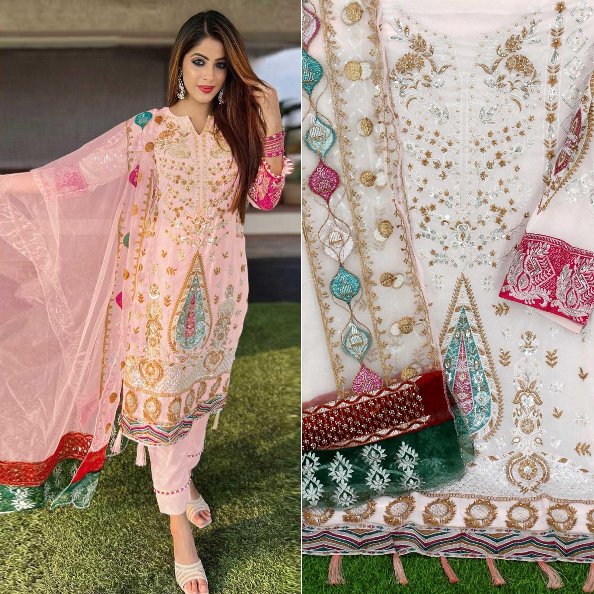 Pink Floral Sequins Embroidered Georgette Pakistani Suit