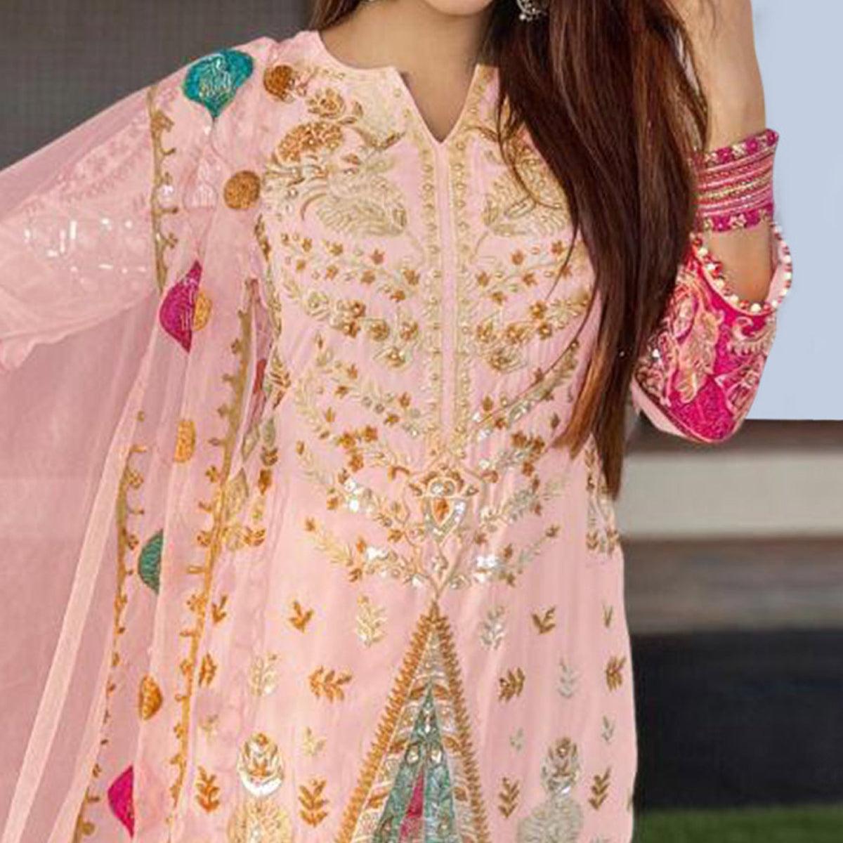 Pink Floral Sequence Embroidered Georgette Pakistani Suit - Peachmode