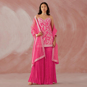 Pink Floral Sequence Embroidered Georgette Sharara Suit - Peachmode