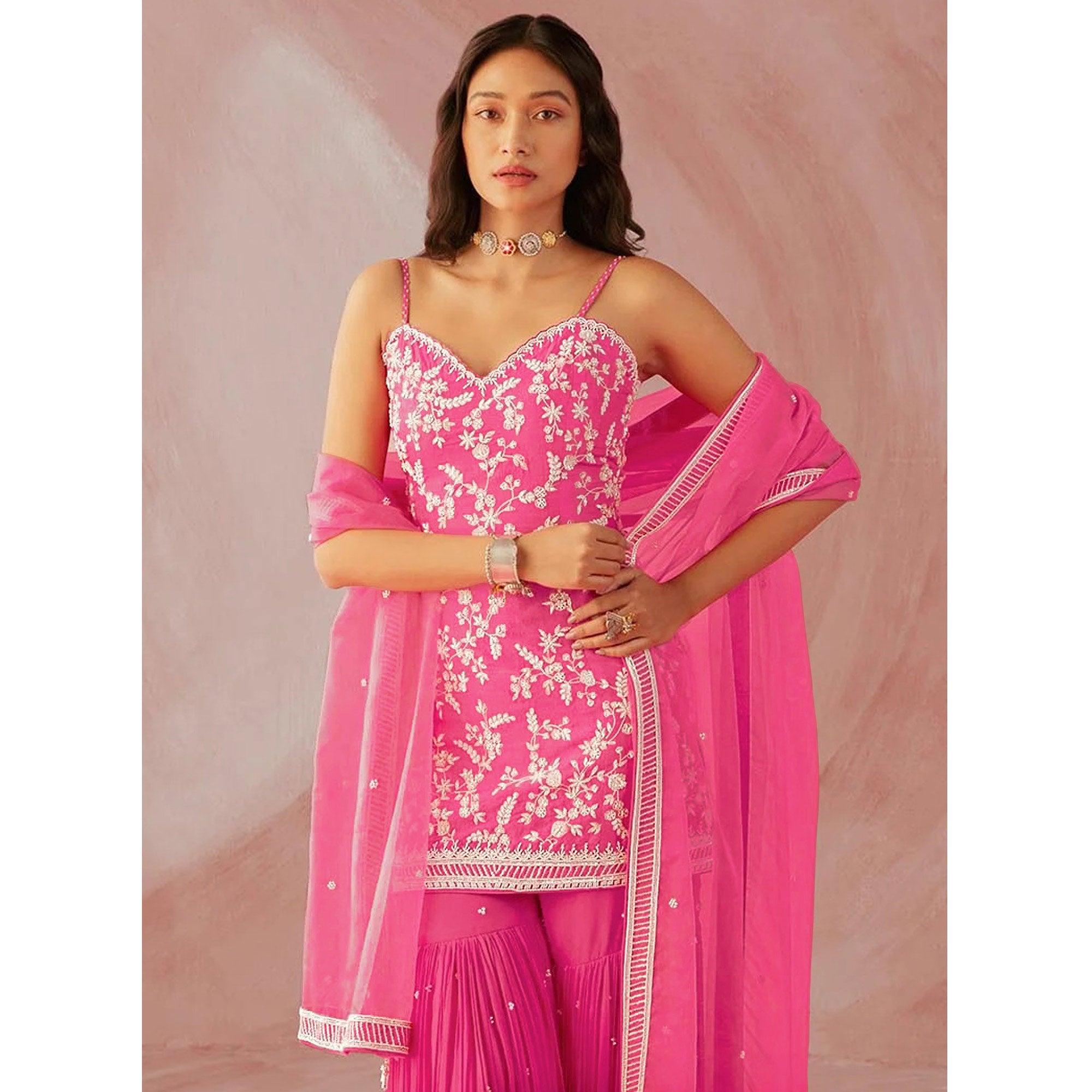 Pink Floral Sequence Embroidered Georgette Sharara Suit - Peachmode