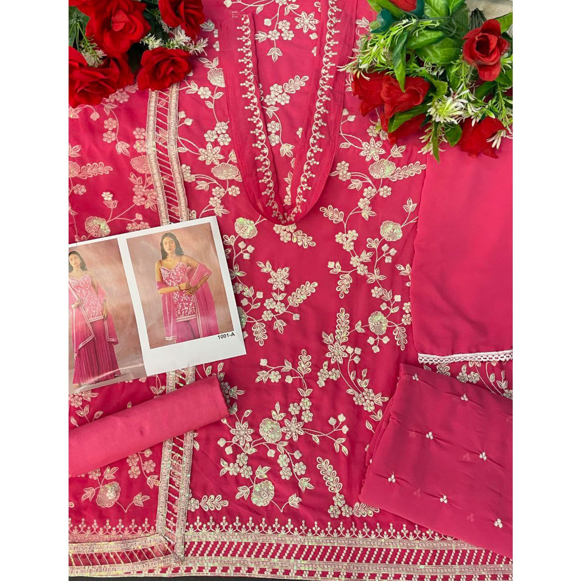 Pink Floral Sequence Embroidered Georgette Sharara Suit - Peachmode