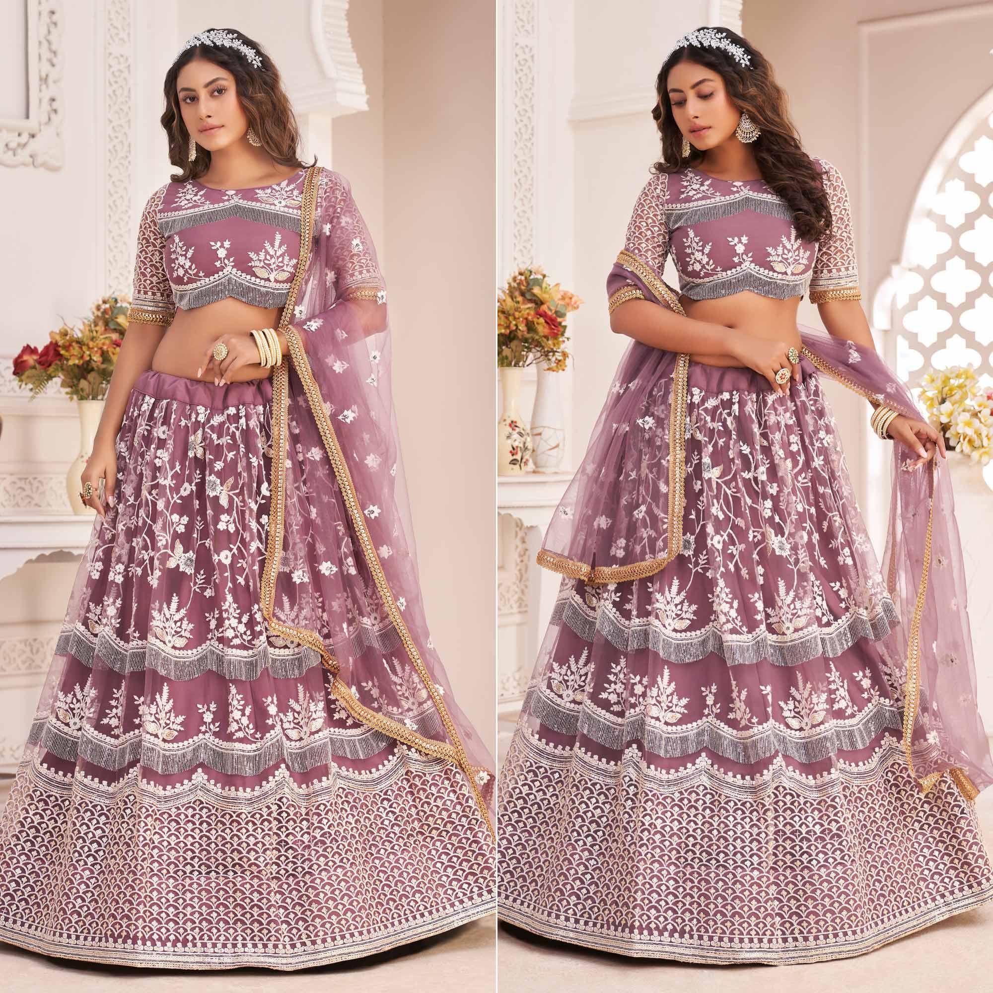 Pink Floral Sequence Embroidered Net Lehenga Choli - Peachmode