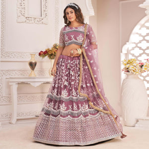 Pink Floral Sequence Embroidered Net Lehenga Choli - Peachmode