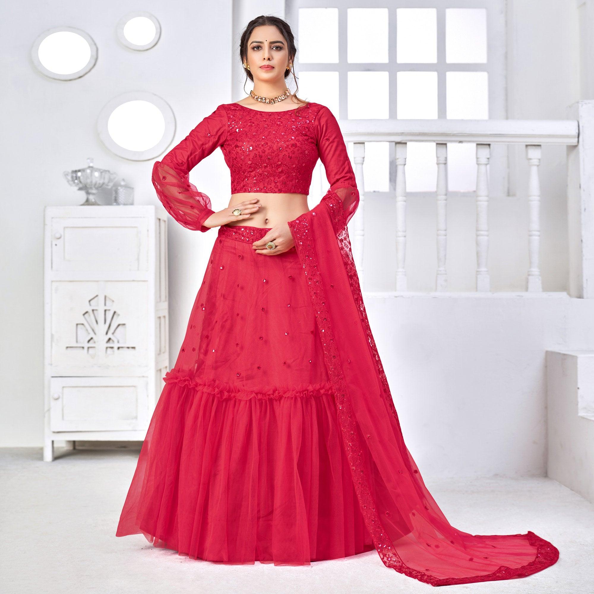 Pink Floral Sequence Embroidered Net Lehenga Choli - Peachmode