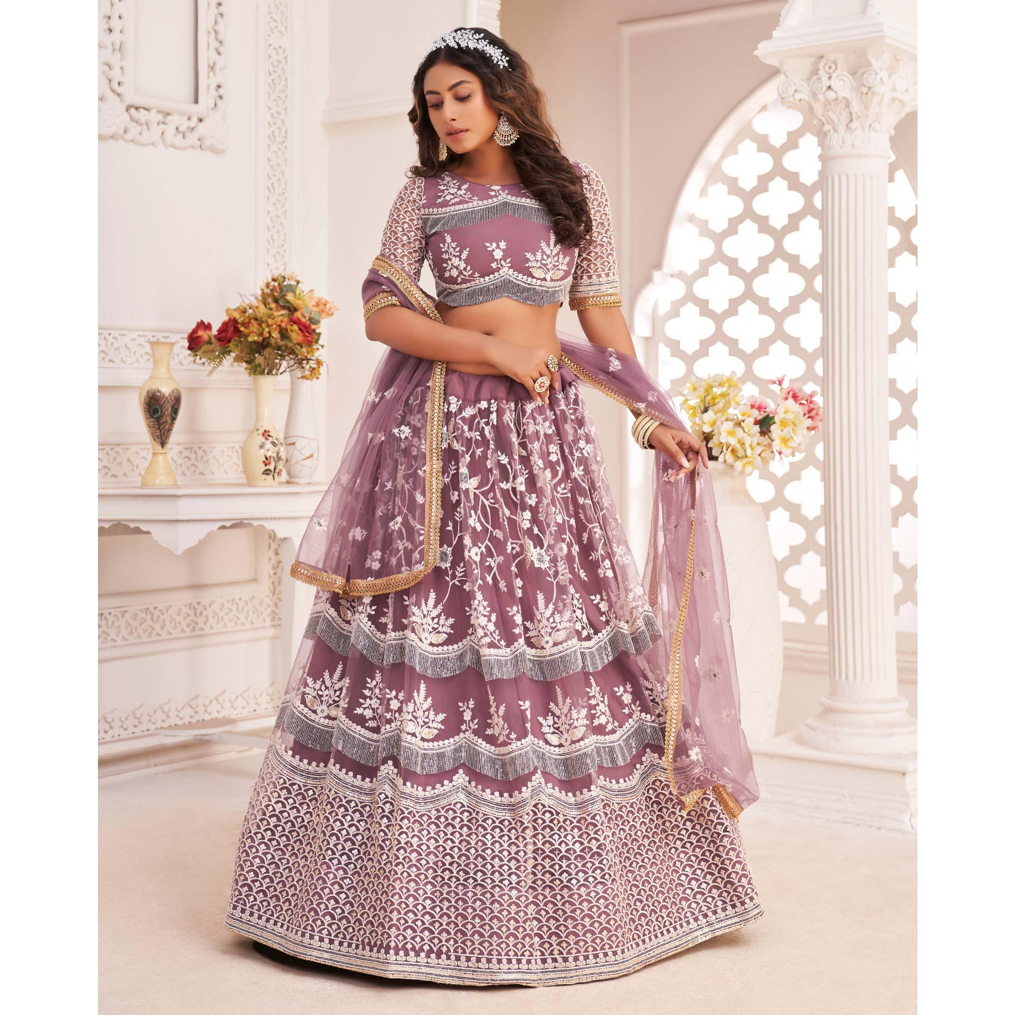 Pink Floral Sequence Embroidered Net Lehenga Choli - Peachmode