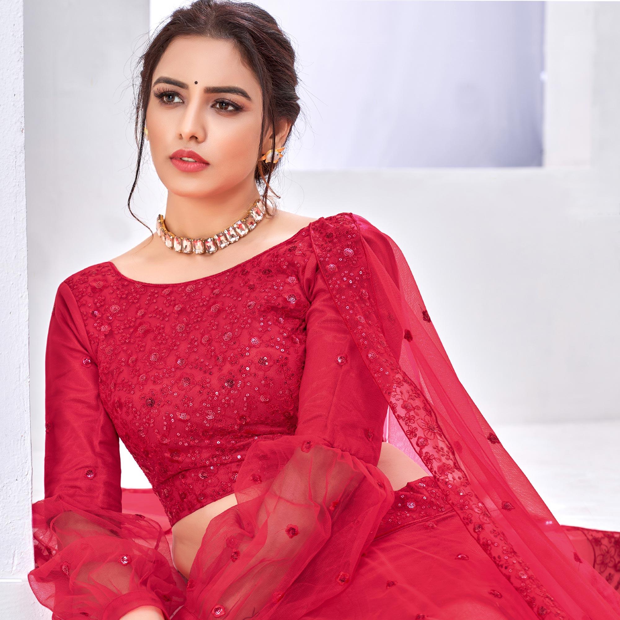 Pink Floral Sequence Embroidered Net Lehenga Choli - Peachmode
