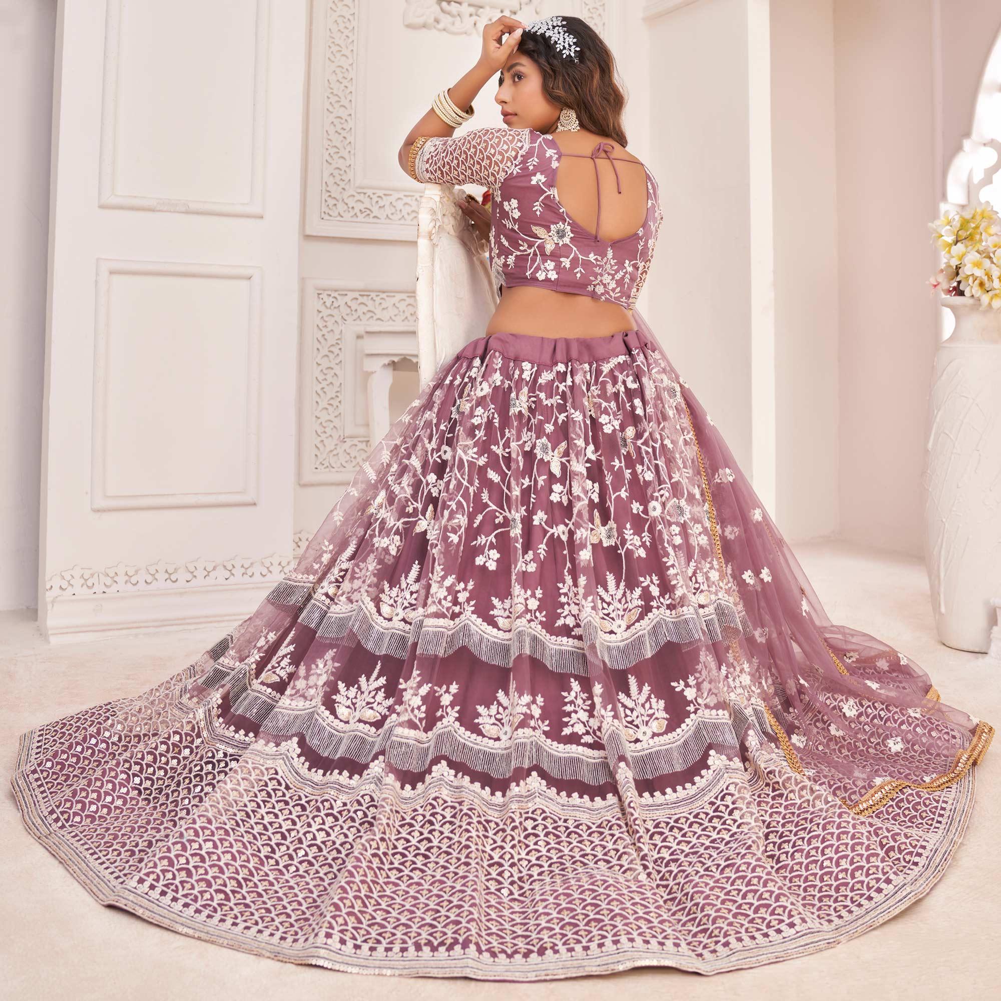 Pink Floral Sequence Embroidered Net Lehenga Choli - Peachmode