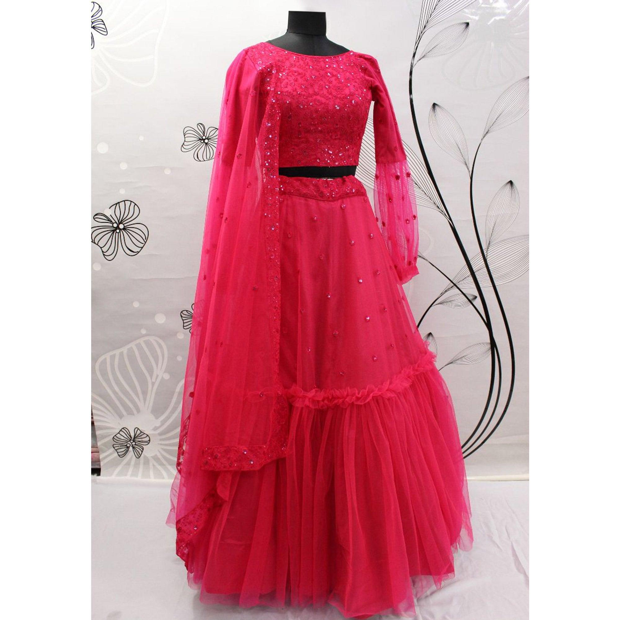 Pink Floral Sequence Embroidered Net Lehenga Choli - Peachmode