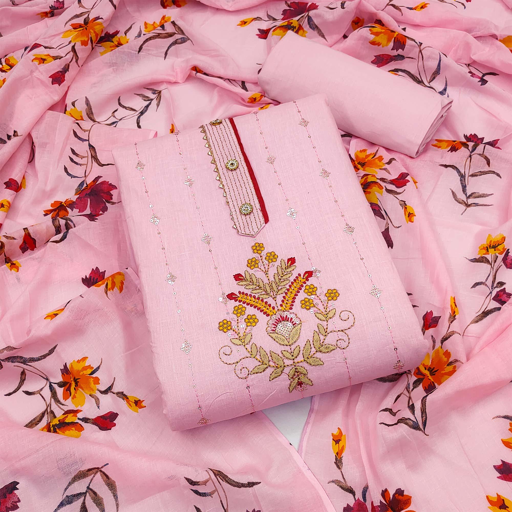 Pink Floral Sequence Embroidered Pure Cotton Dress Material - Peachmode