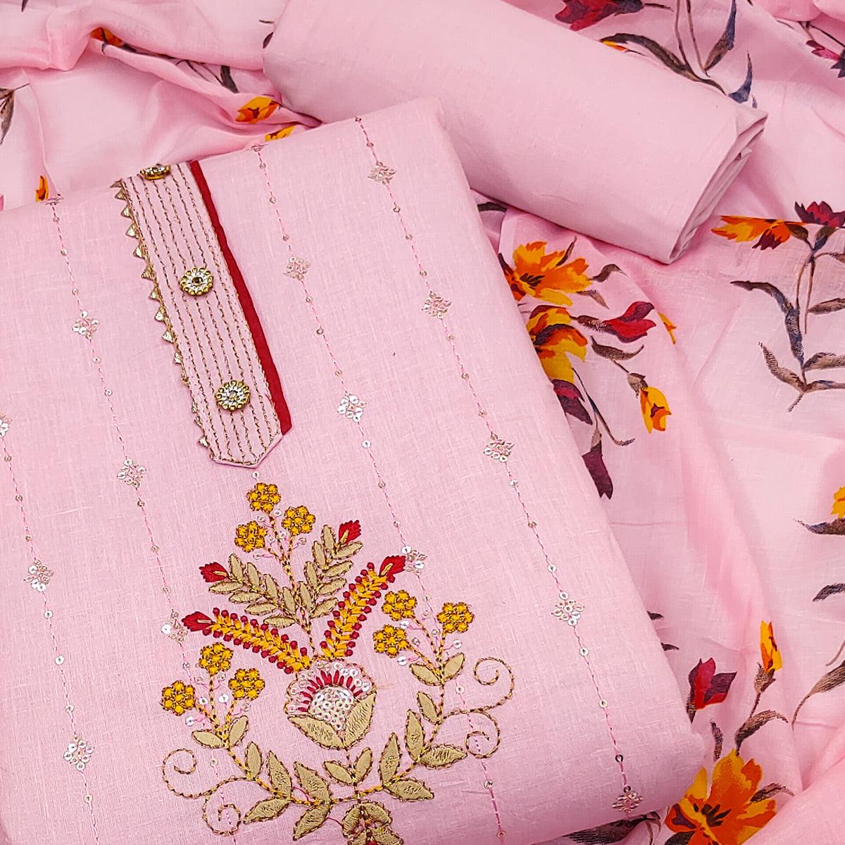 Pink Floral Sequence Embroidered Pure Cotton Dress Material - Peachmode
