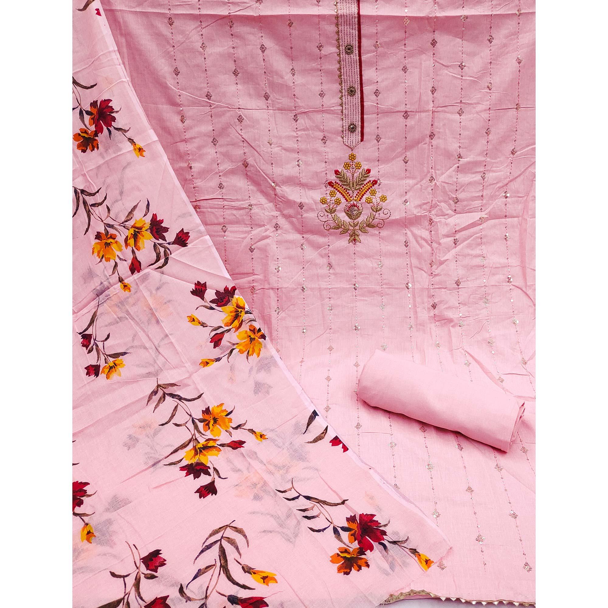 Pink Floral Sequence Embroidered Pure Cotton Dress Material - Peachmode