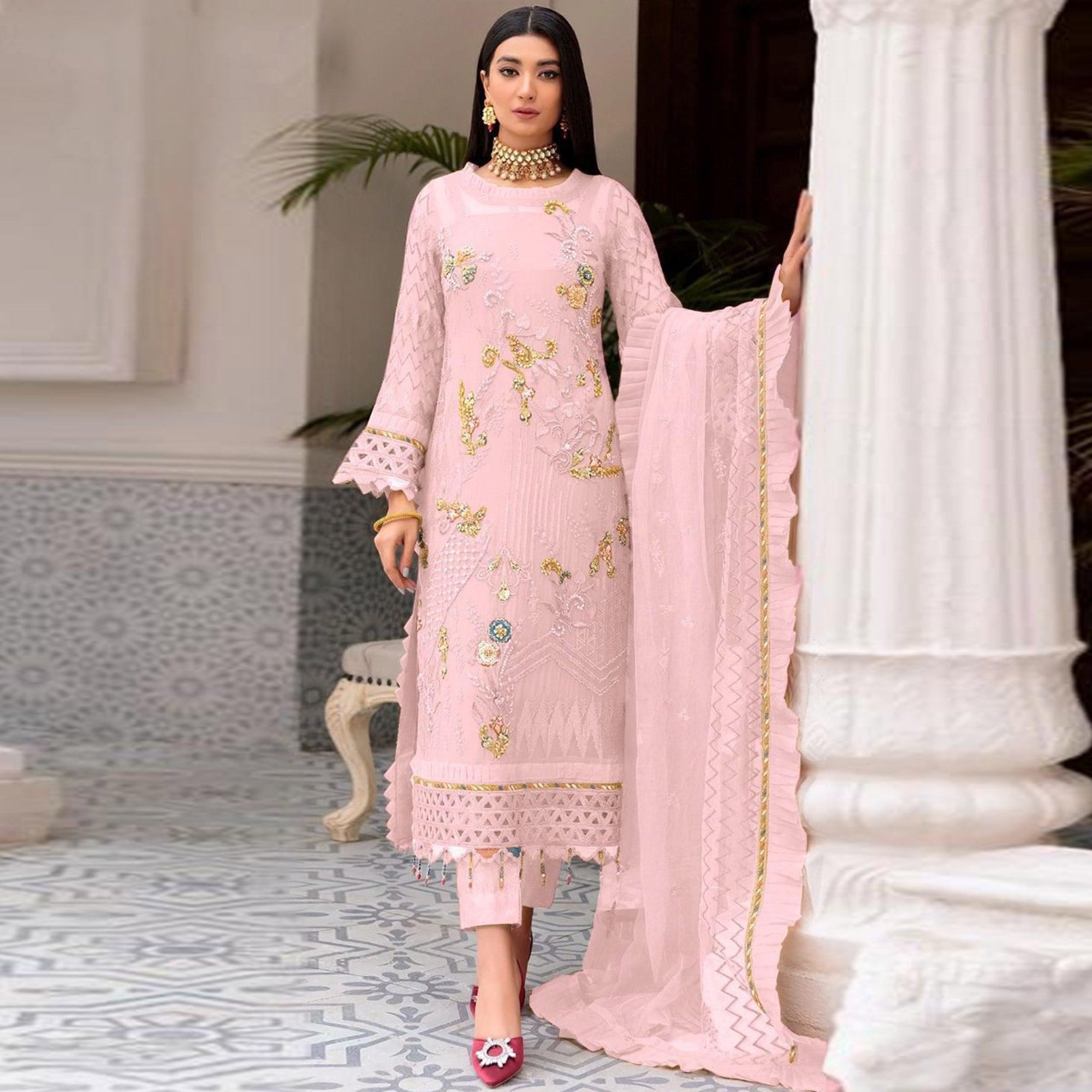 Pink Floral Sequence Embroidered Work Georgette Pakistani Suit - Peachmode