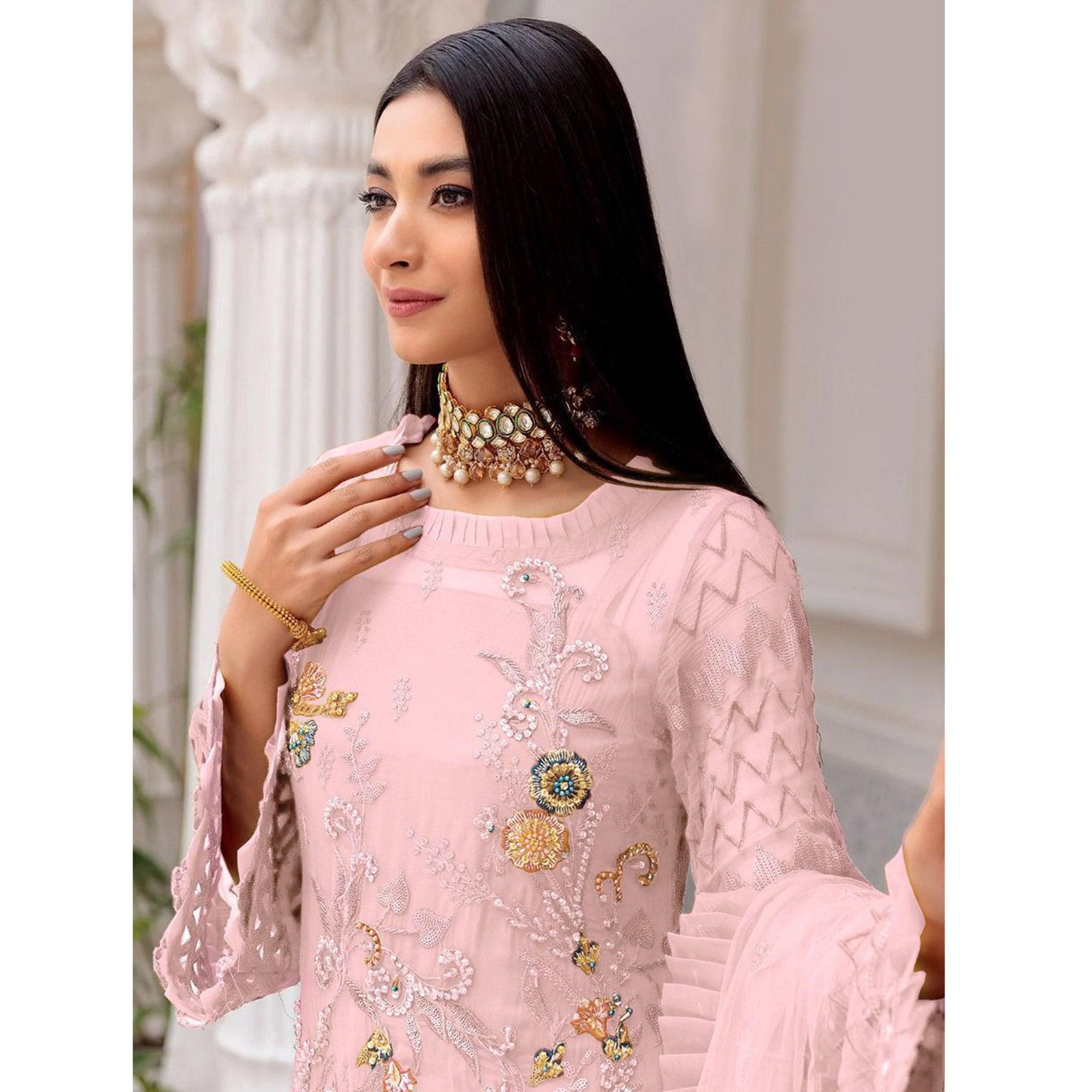 Pink Floral Sequence Embroidered Work Georgette Pakistani Suit - Peachmode
