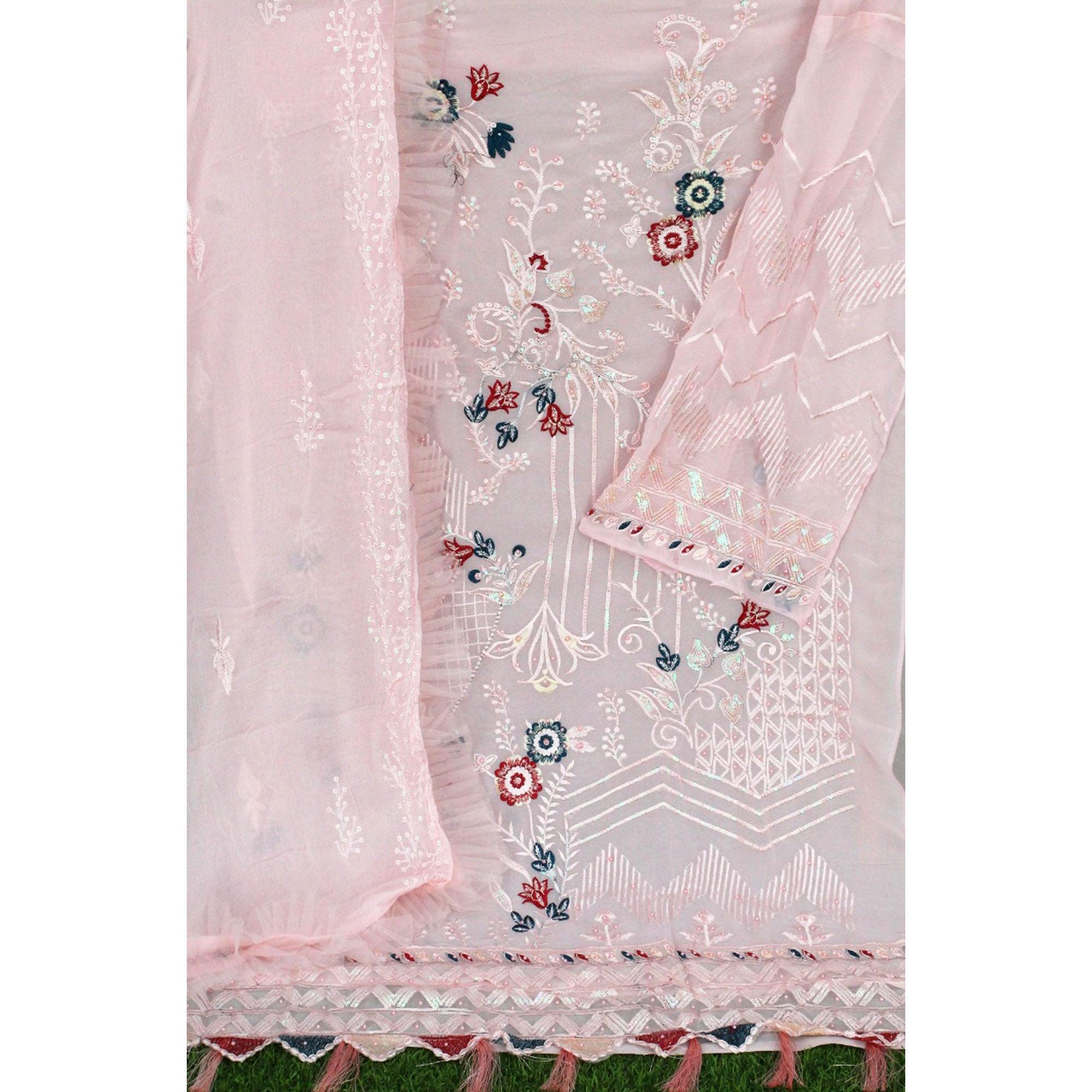 Pink Floral Sequence Embroidered Work Georgette Pakistani Suit - Peachmode