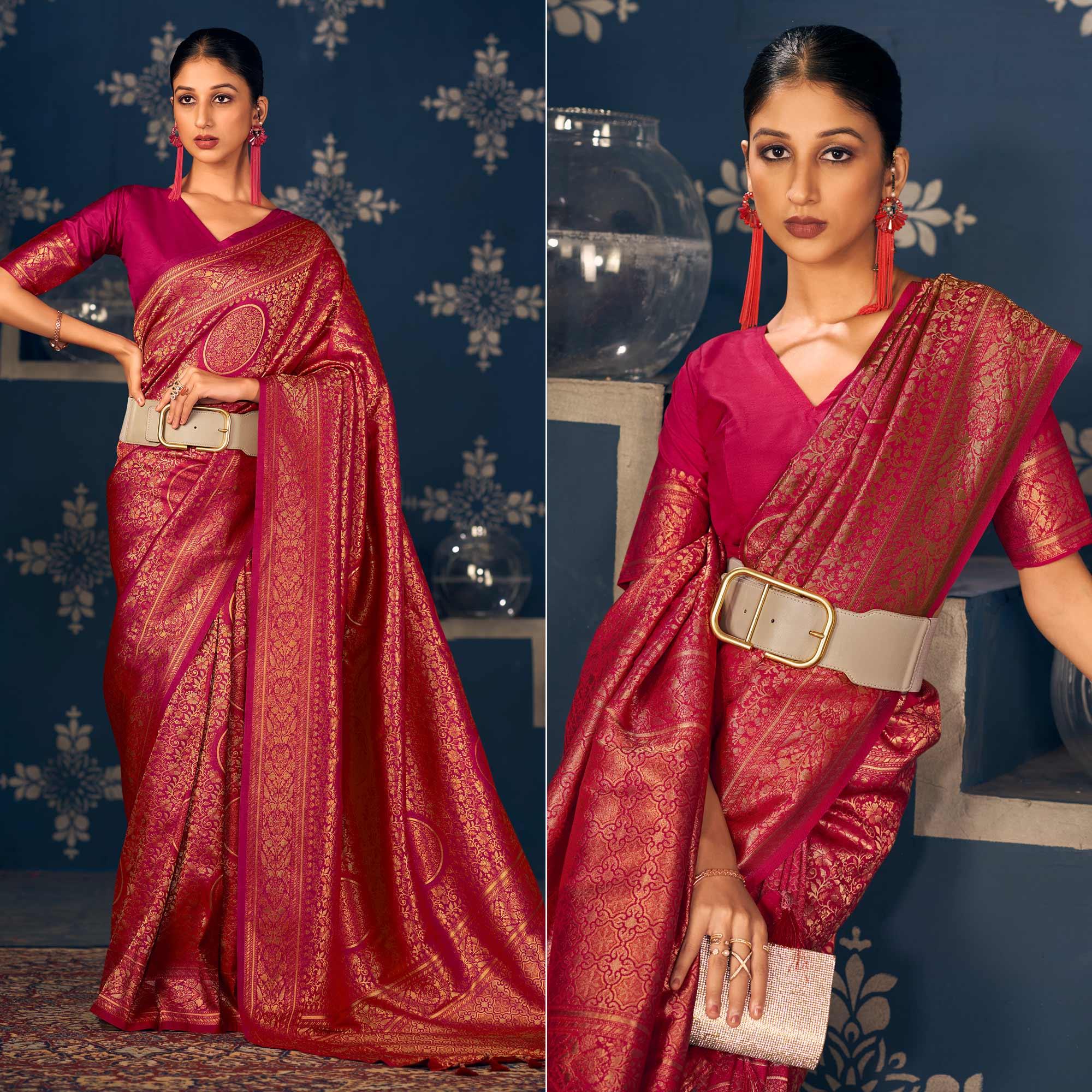 Pink Floral Woven Art Silk Saree - Peachmode