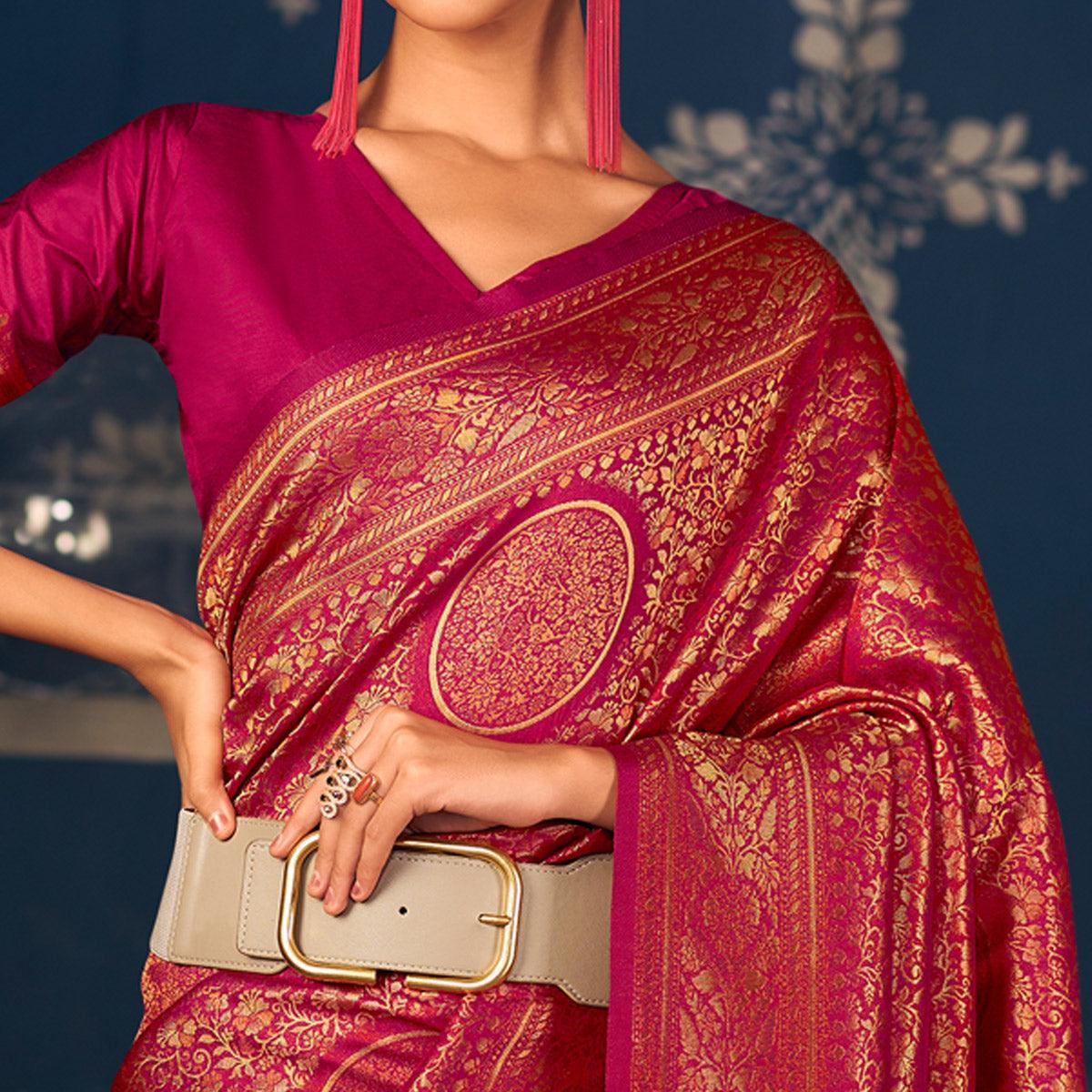 Pink Floral Woven Art Silk Saree - Peachmode