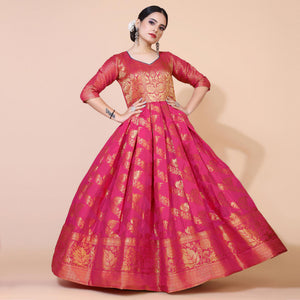 Pink Floral Woven Jacquard Anarkali Style Gown - Peachmode