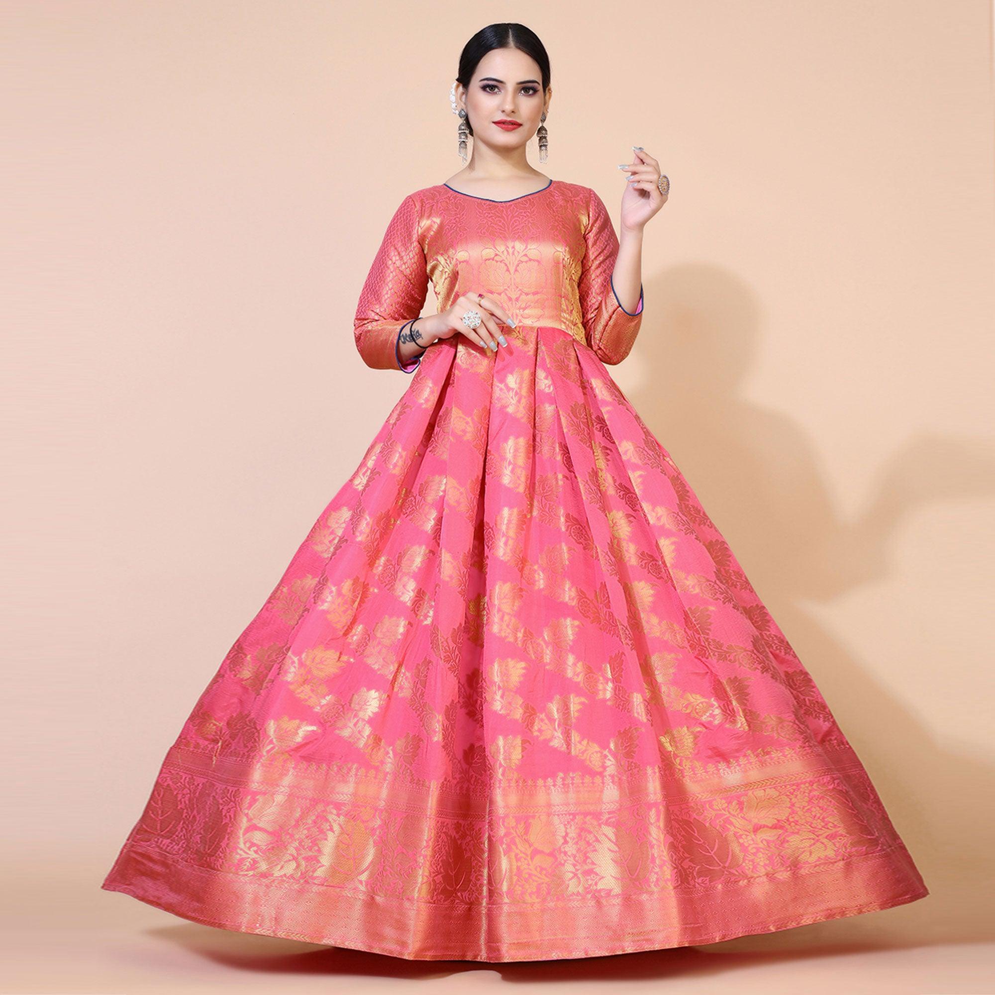 Pink Floral Woven Jacquard Anarkali Style Gown - Peachmode