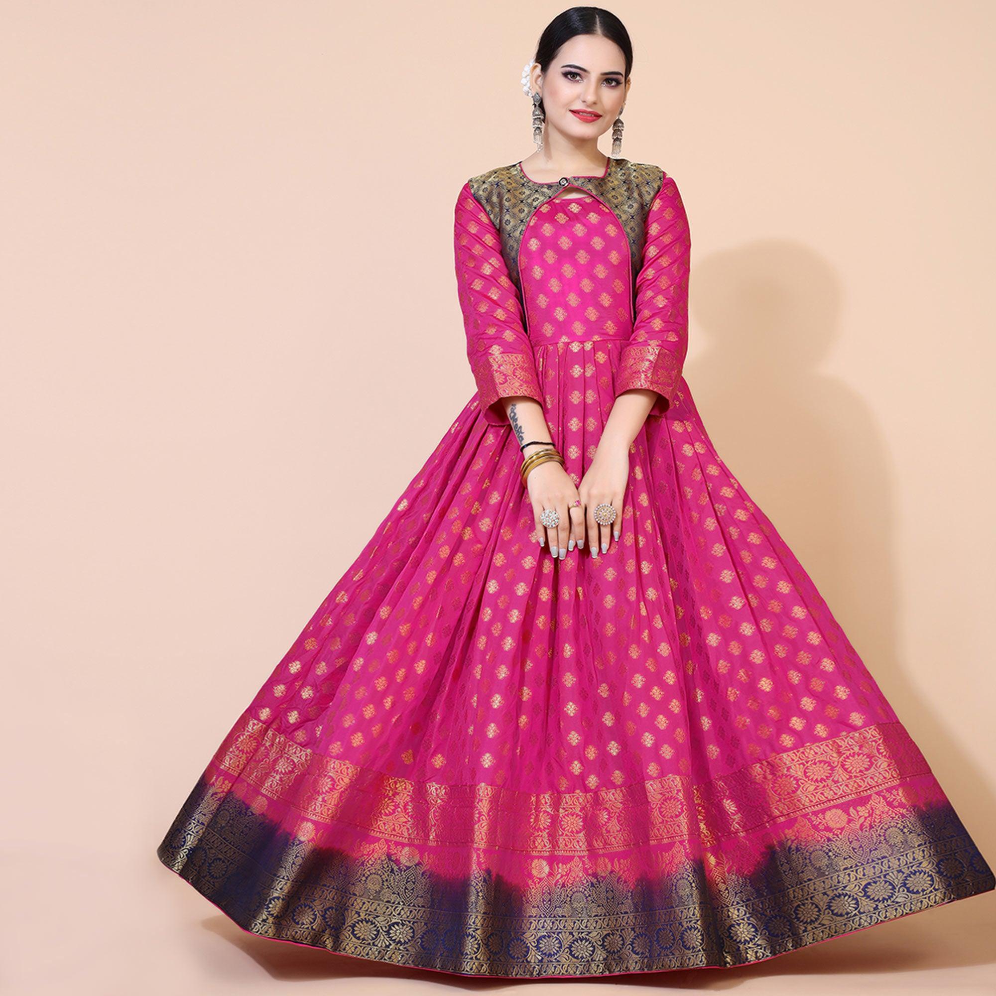 Pink Floral Woven Jacquard Anarkali Style Gown - Peachmode