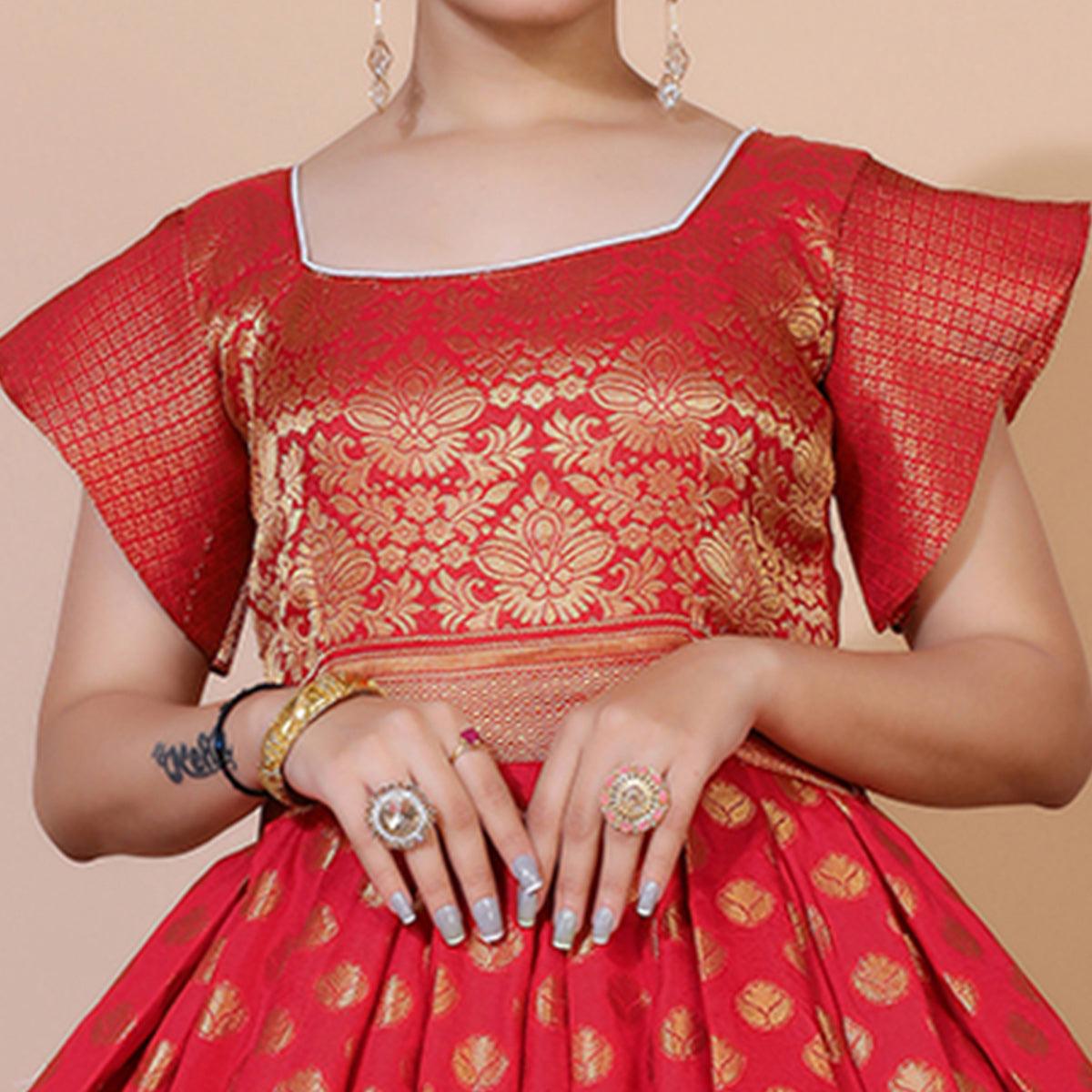 Pink Floral Woven Jacquard Anarkali Style Gown - Peachmode