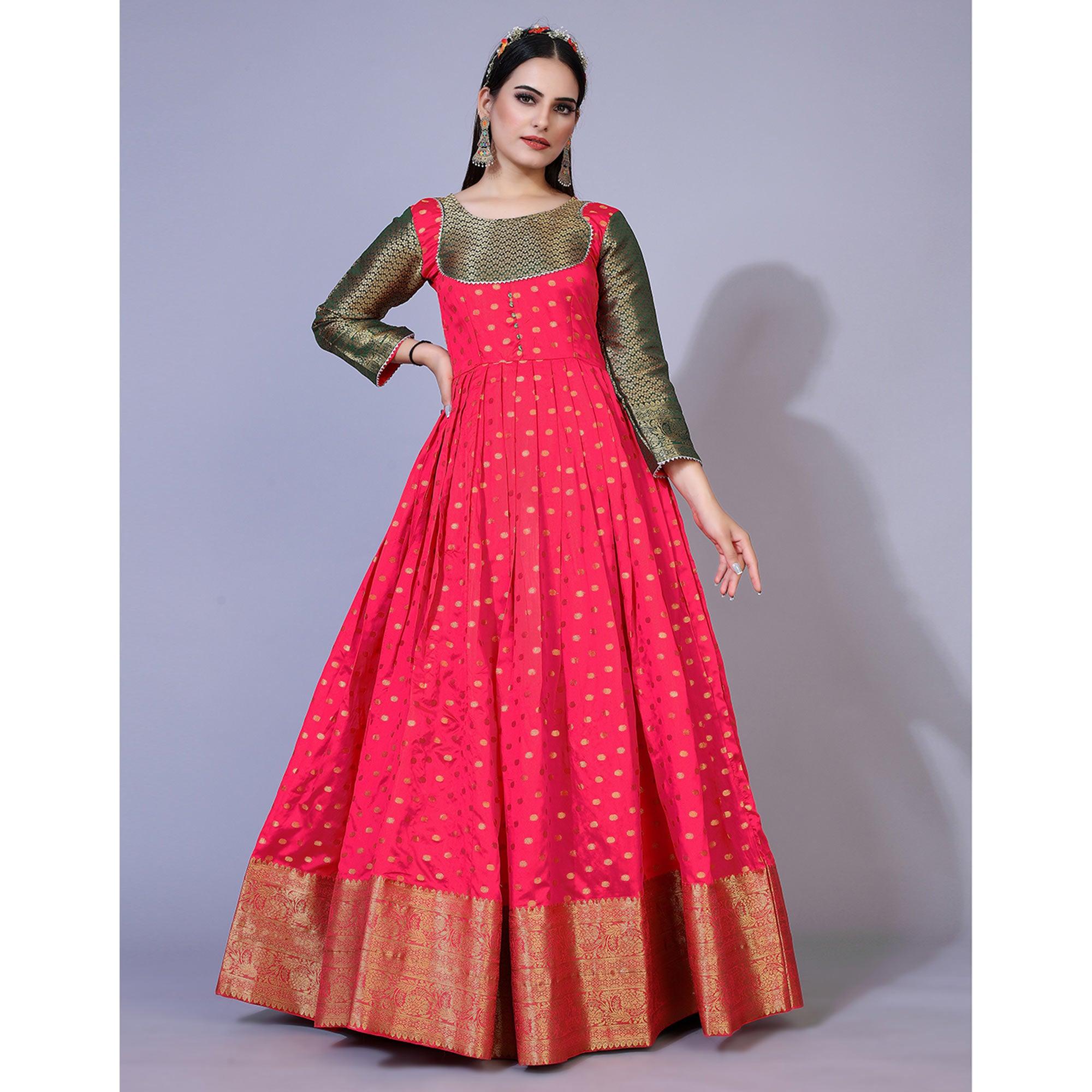 Pink Floral Woven Jacquard Anarkali Style Gown - Peachmode