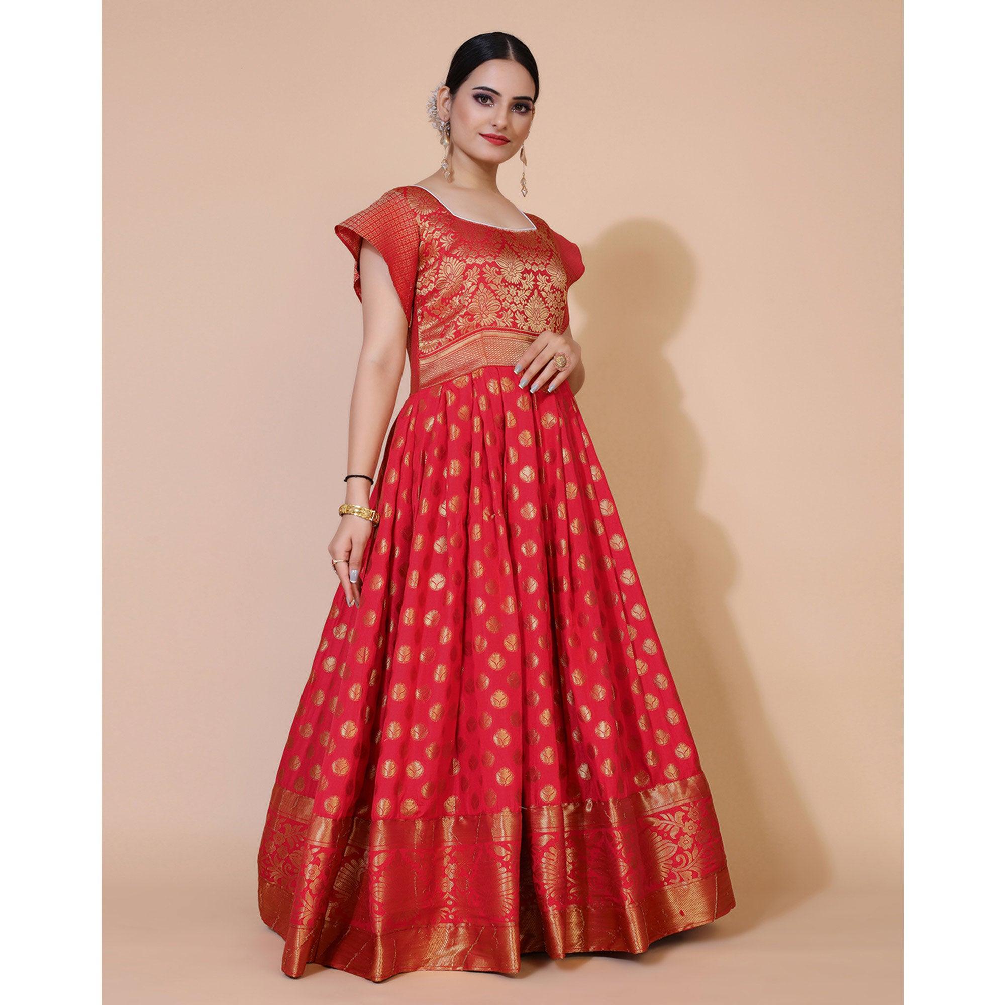 Pink Floral Woven Jacquard Anarkali Style Gown - Peachmode