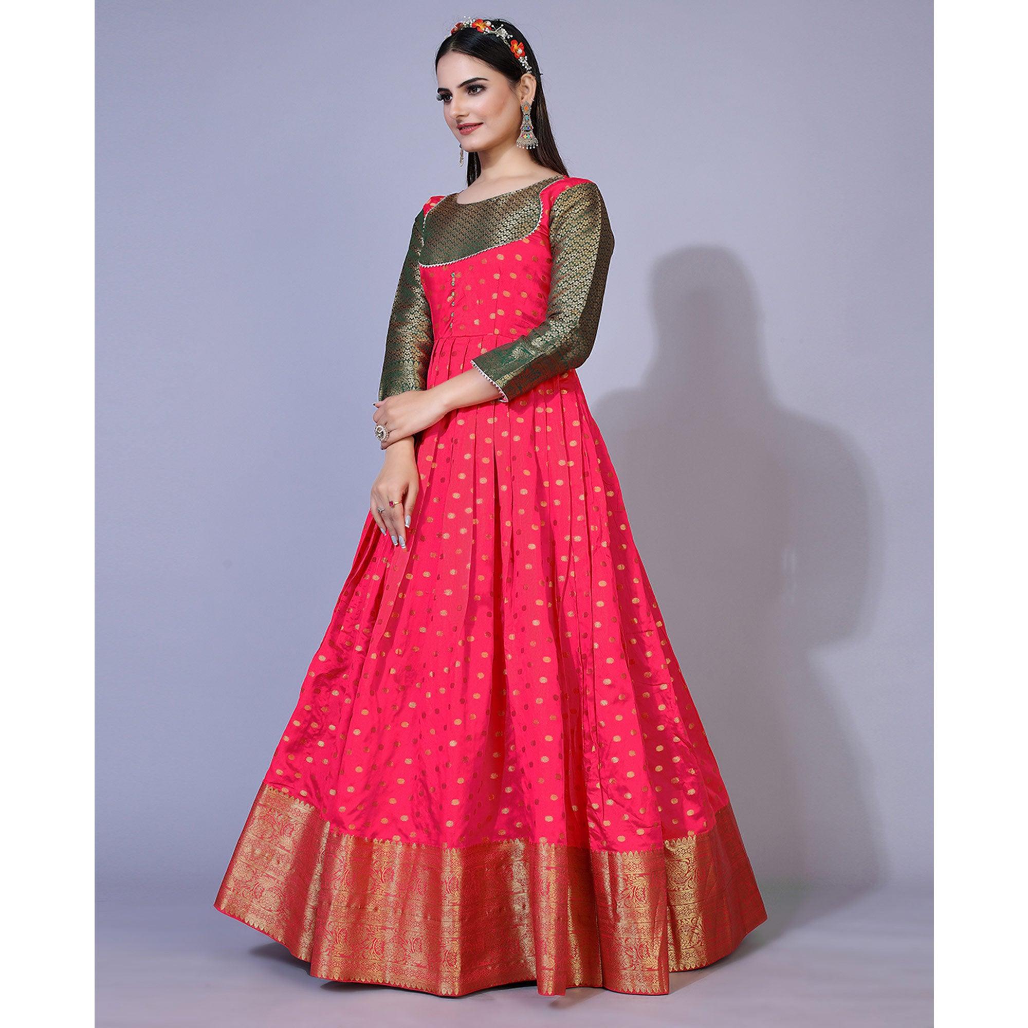Pink Floral Woven Jacquard Anarkali Style Gown - Peachmode