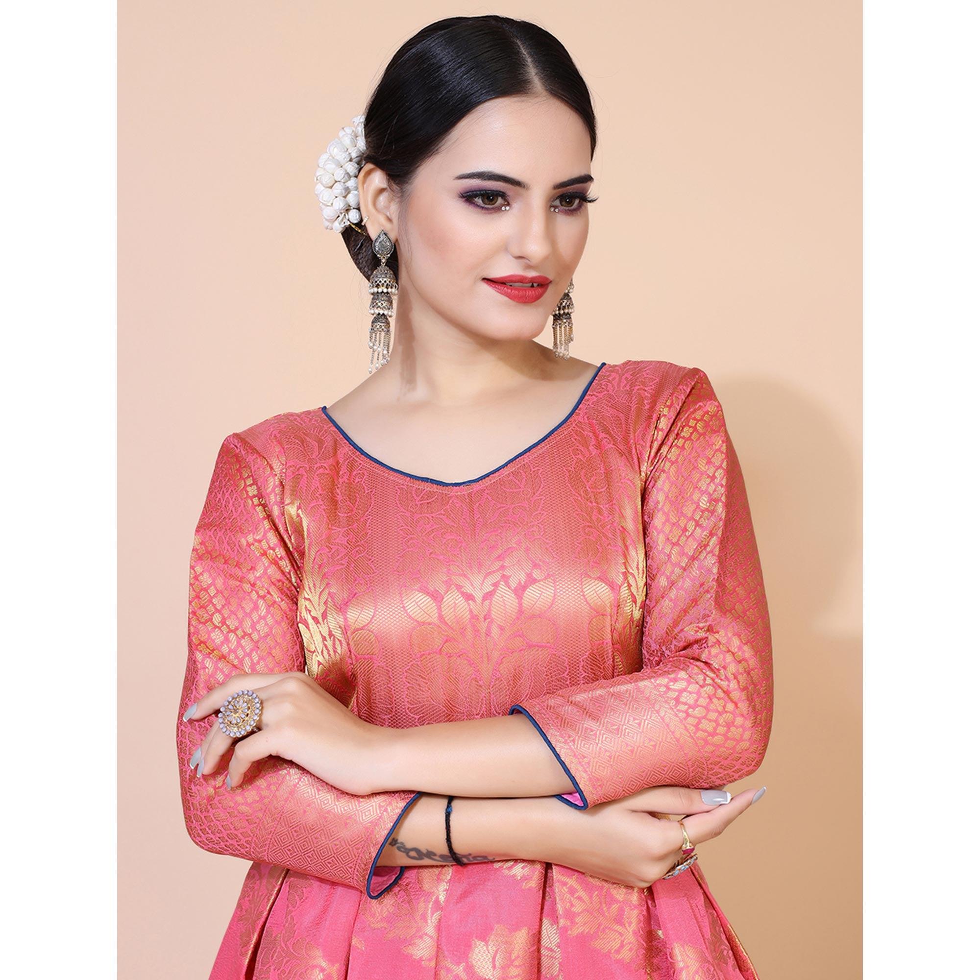 Pink Floral Woven Jacquard Anarkali Style Gown - Peachmode