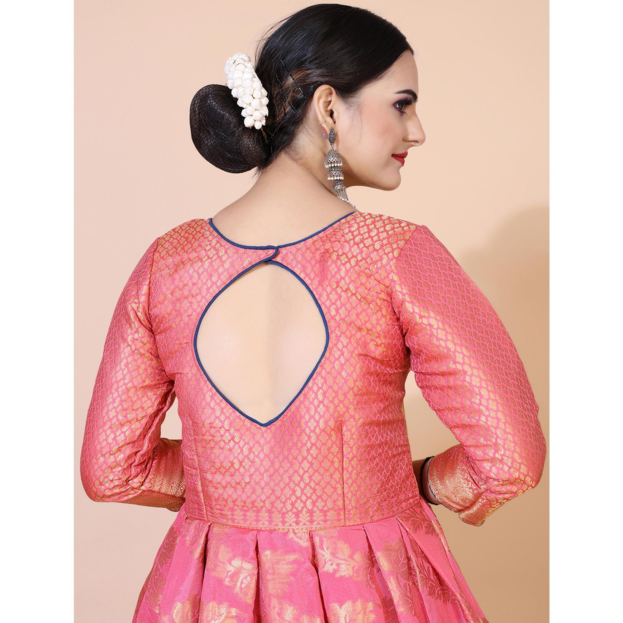 Pink Floral Woven Jacquard Anarkali Style Gown - Peachmode