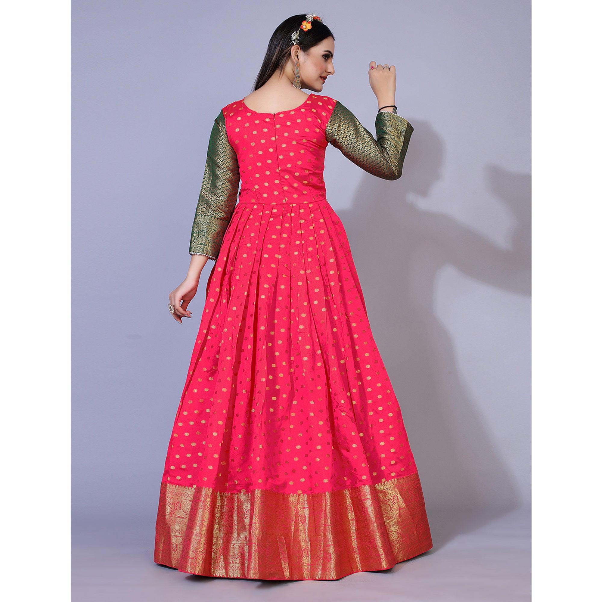 Pink Floral Woven Jacquard Anarkali Style Gown - Peachmode