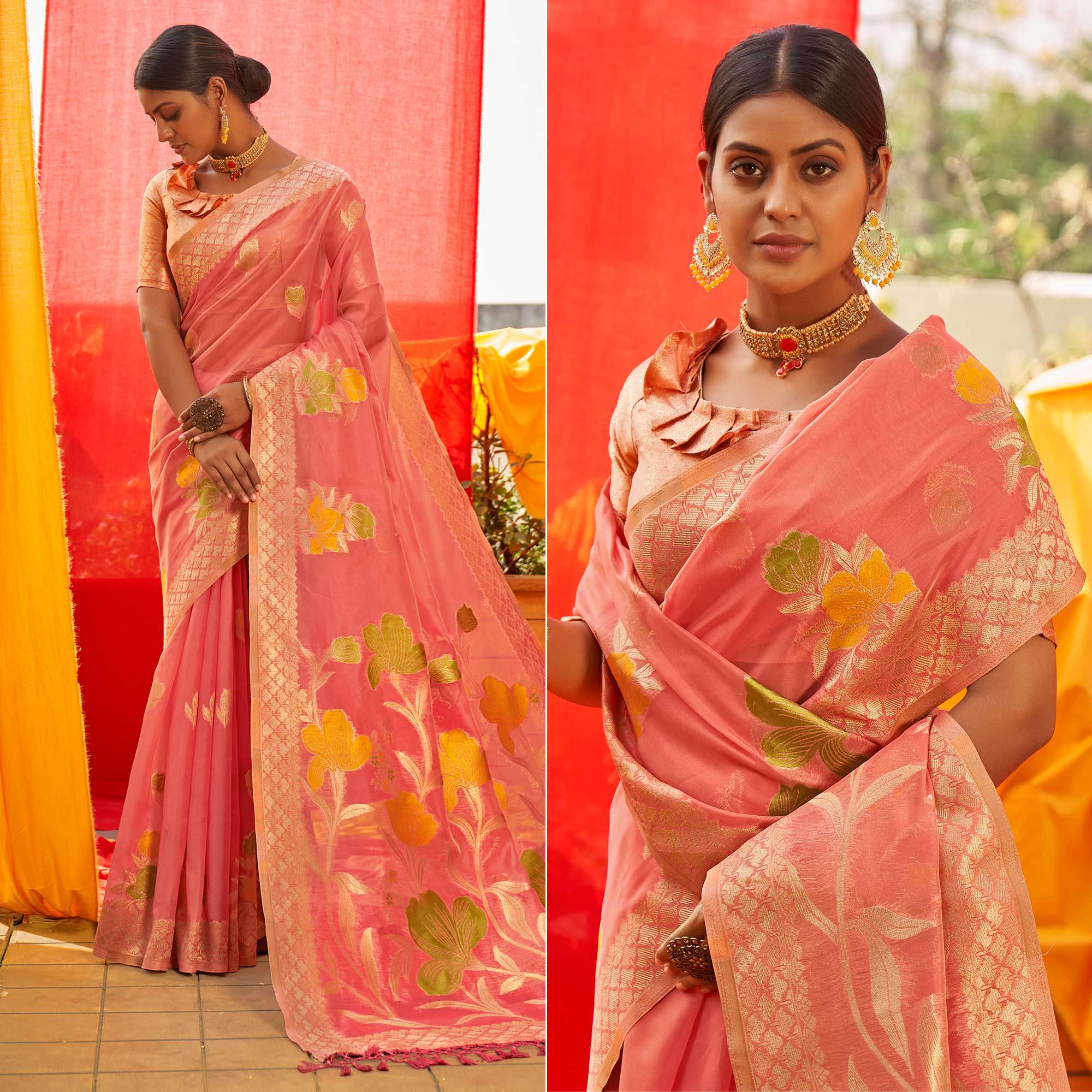 Pink Floral Woven Organza Saree - Peachmode