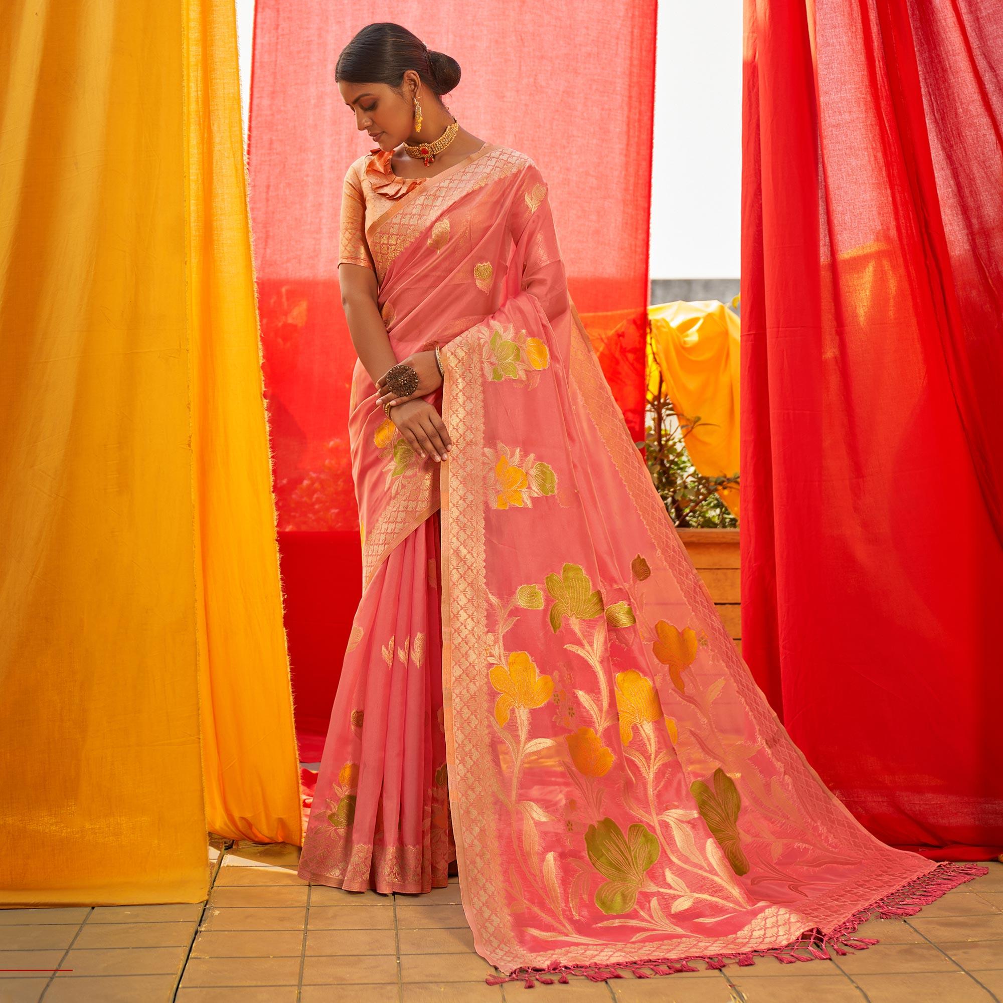 Pink Floral Woven Organza Saree - Peachmode