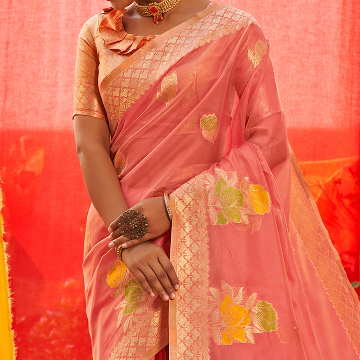 Pink Floral Woven Organza Saree - Peachmode