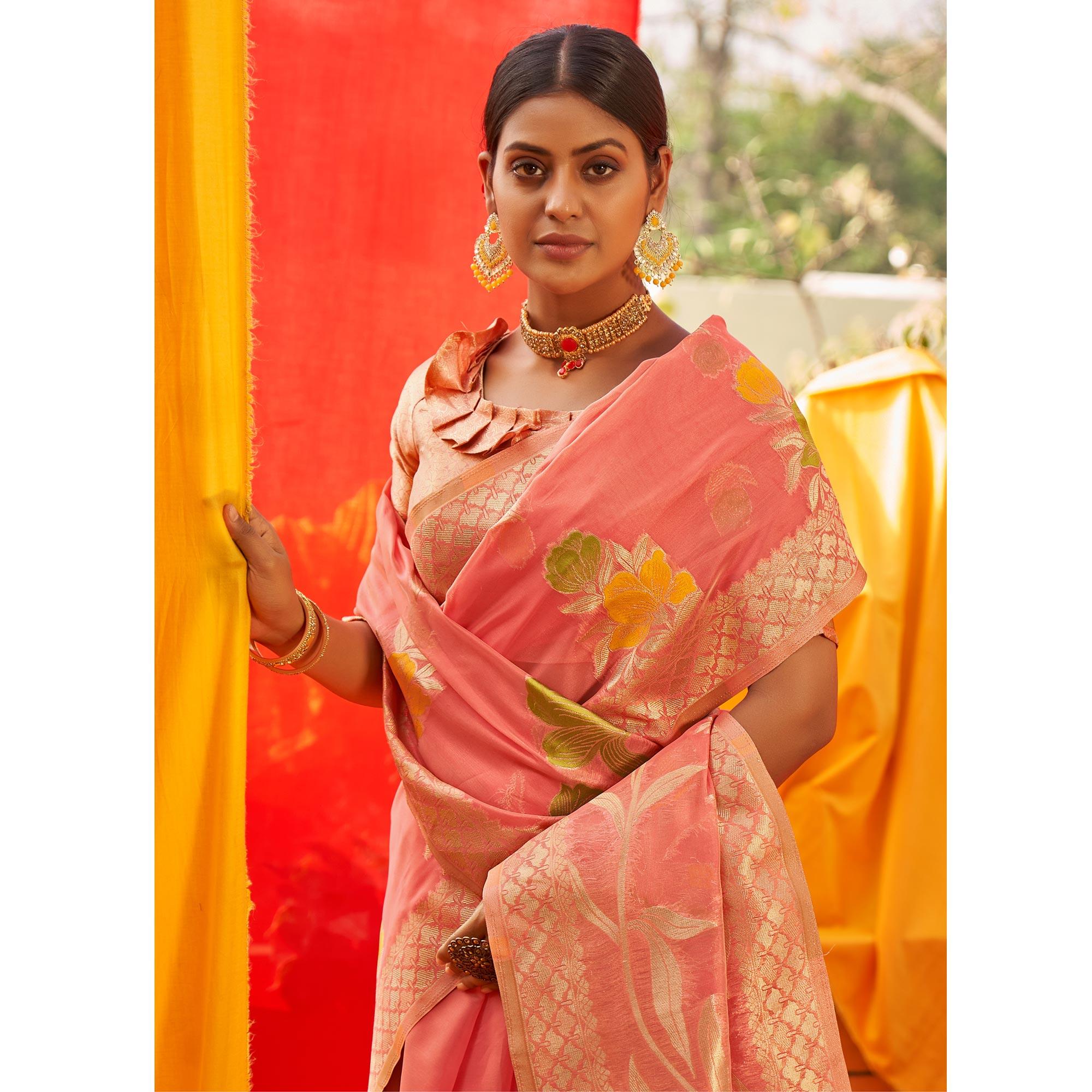 Pink Floral Woven Organza Saree - Peachmode