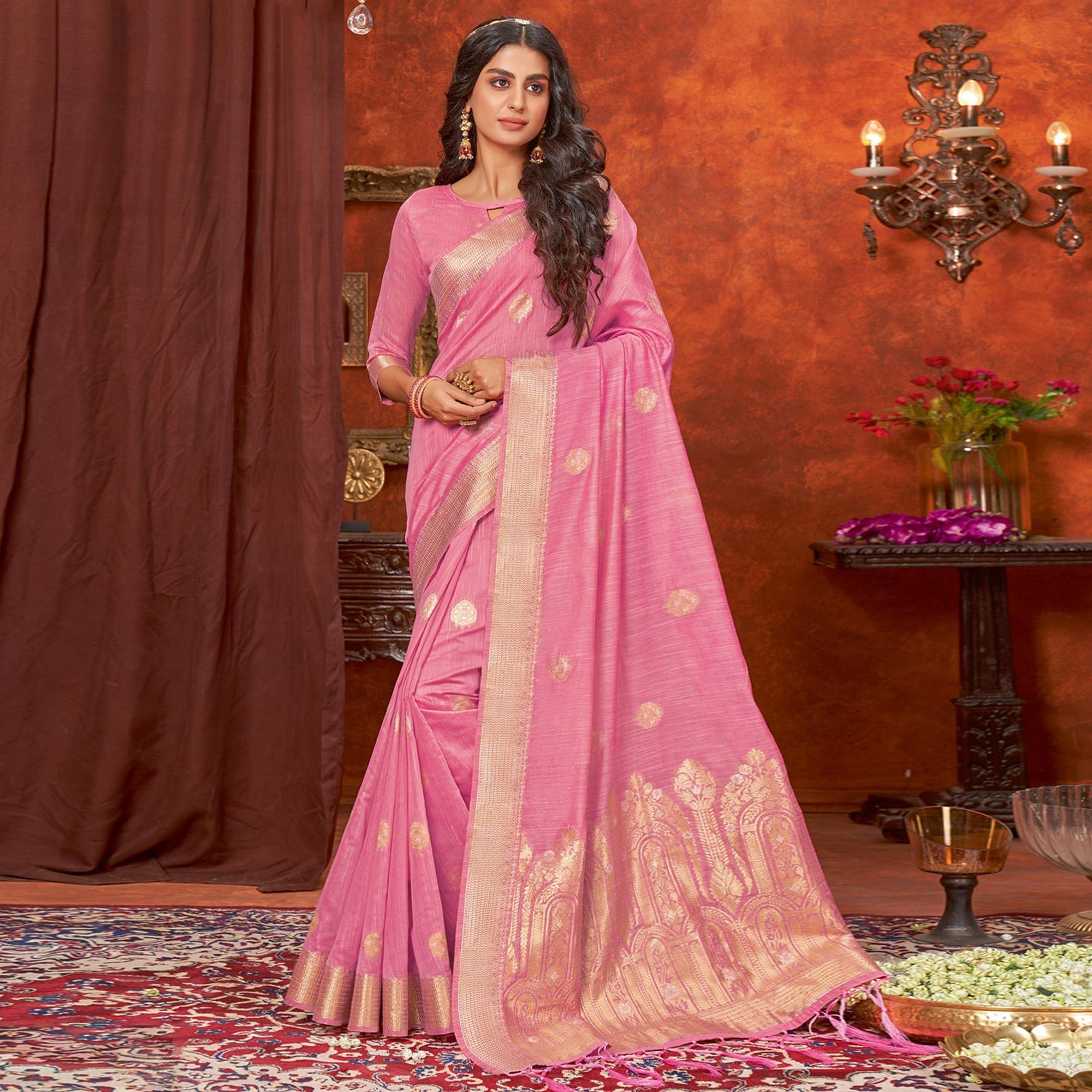 Pink Floral Woven Pure Cotton Saree - Peachmode
