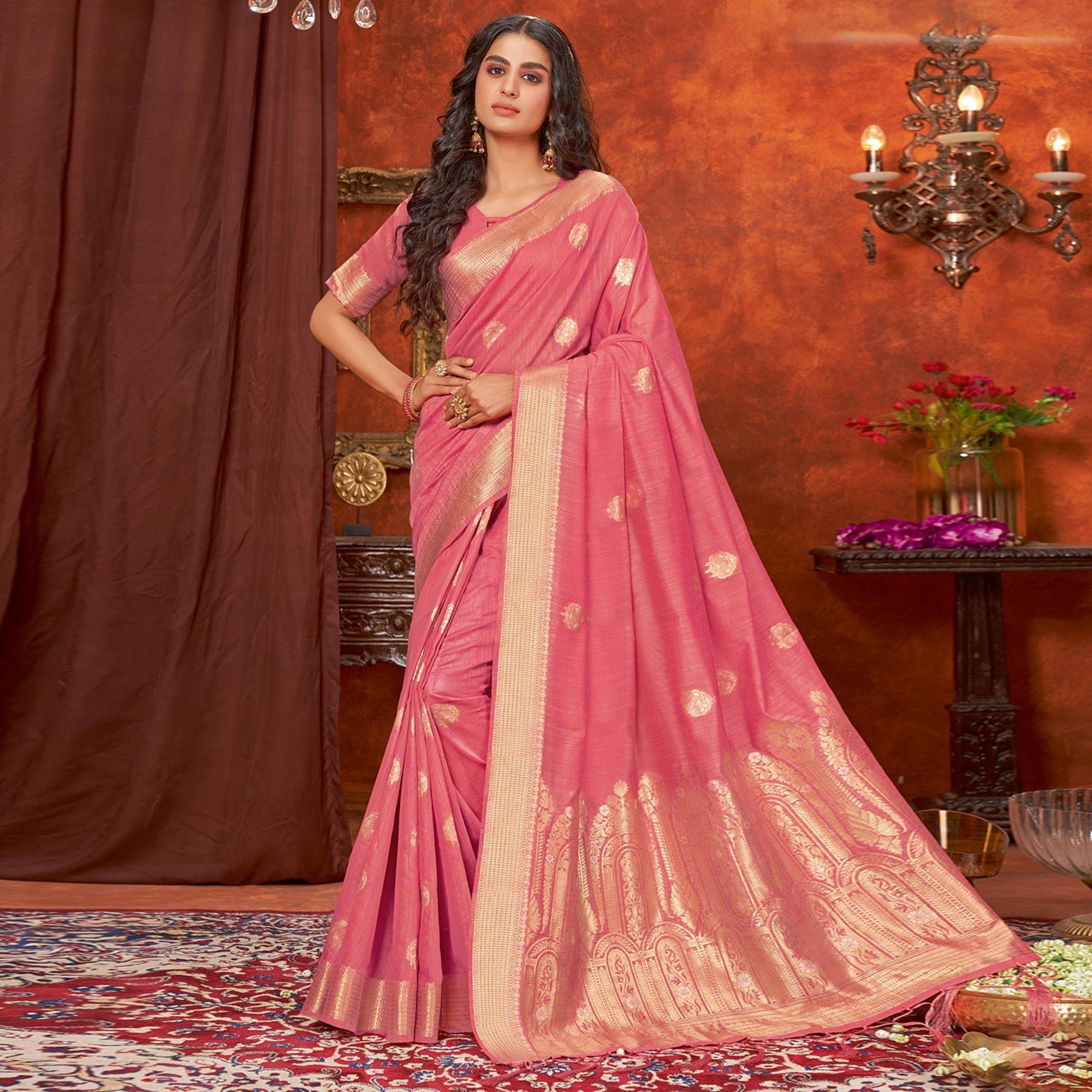 Pink Floral Woven Pure Cotton Saree - Peachmode