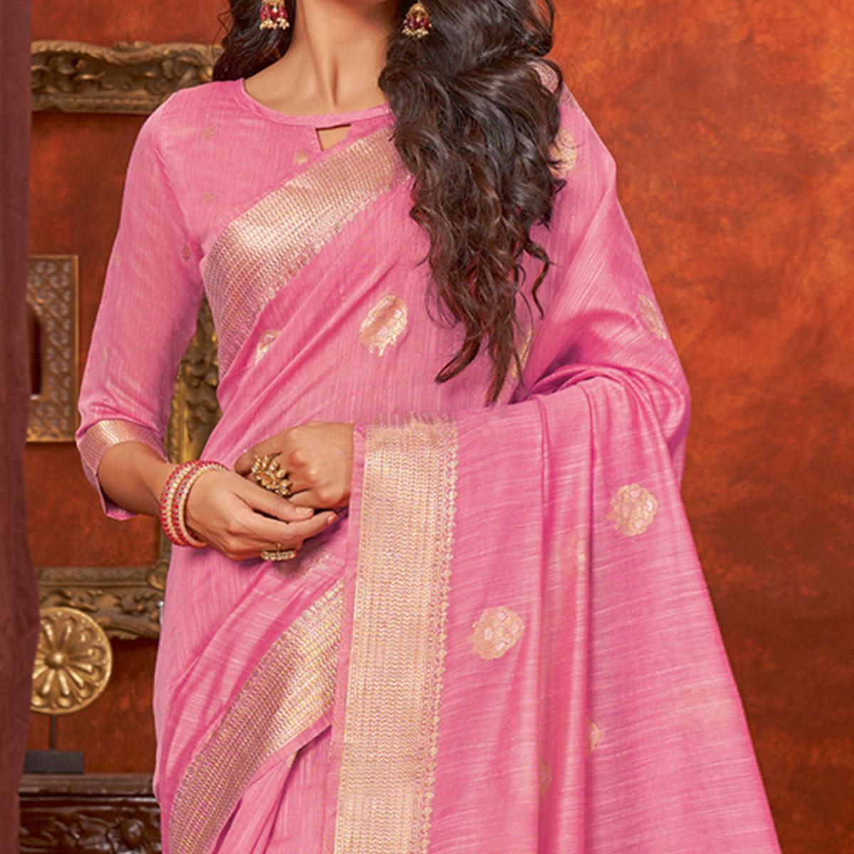 Pink Floral Woven Pure Cotton Saree - Peachmode
