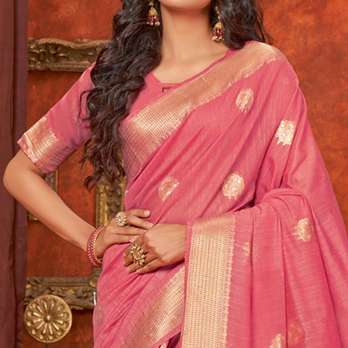 Pink Floral Woven Pure Cotton Saree - Peachmode