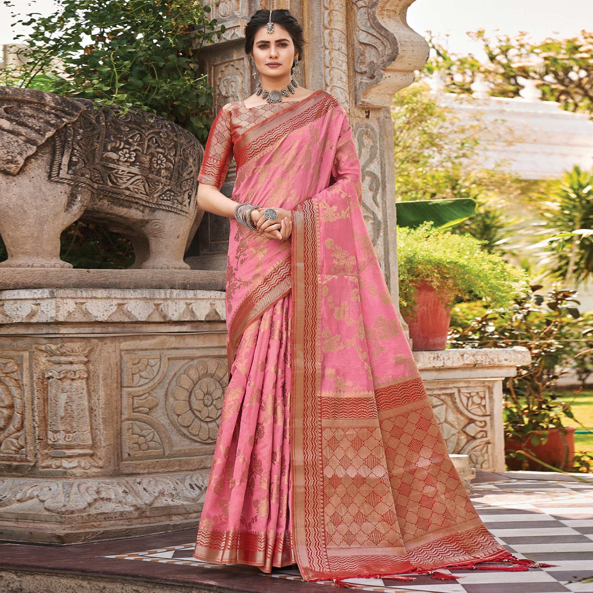 Pink Floral Woven Pure Silk Saree - Peachmode