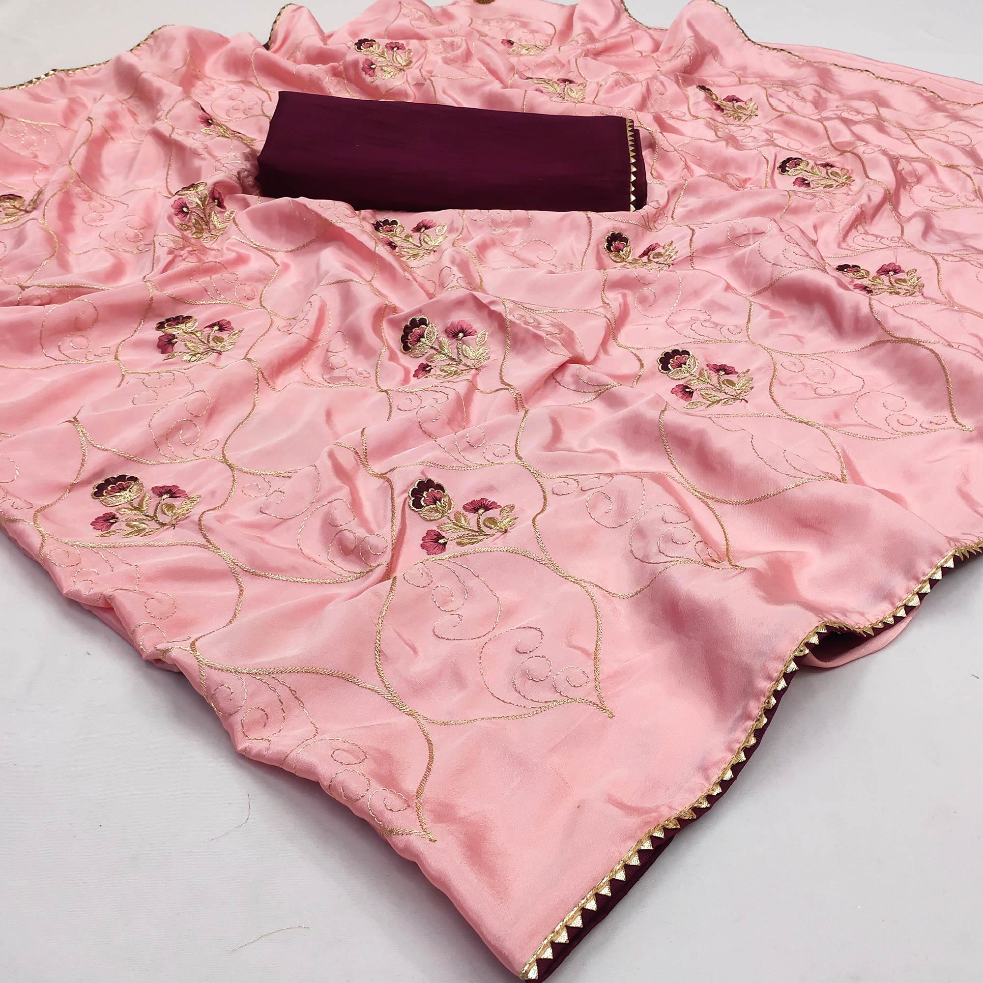 Pink Floral Zari Embroidered Silk Saree - Peachmode