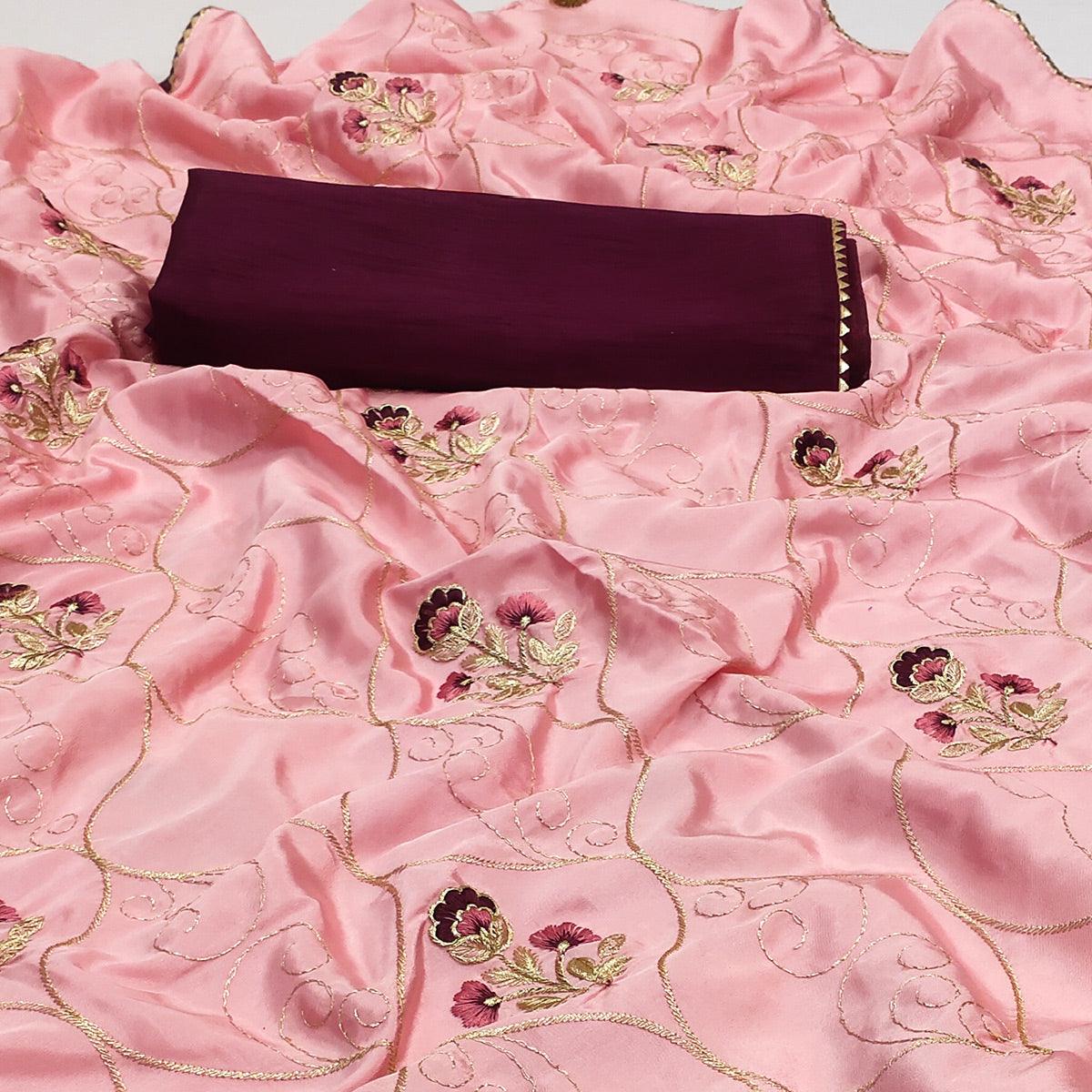 Pink Floral Zari Embroidered Silk Saree - Peachmode