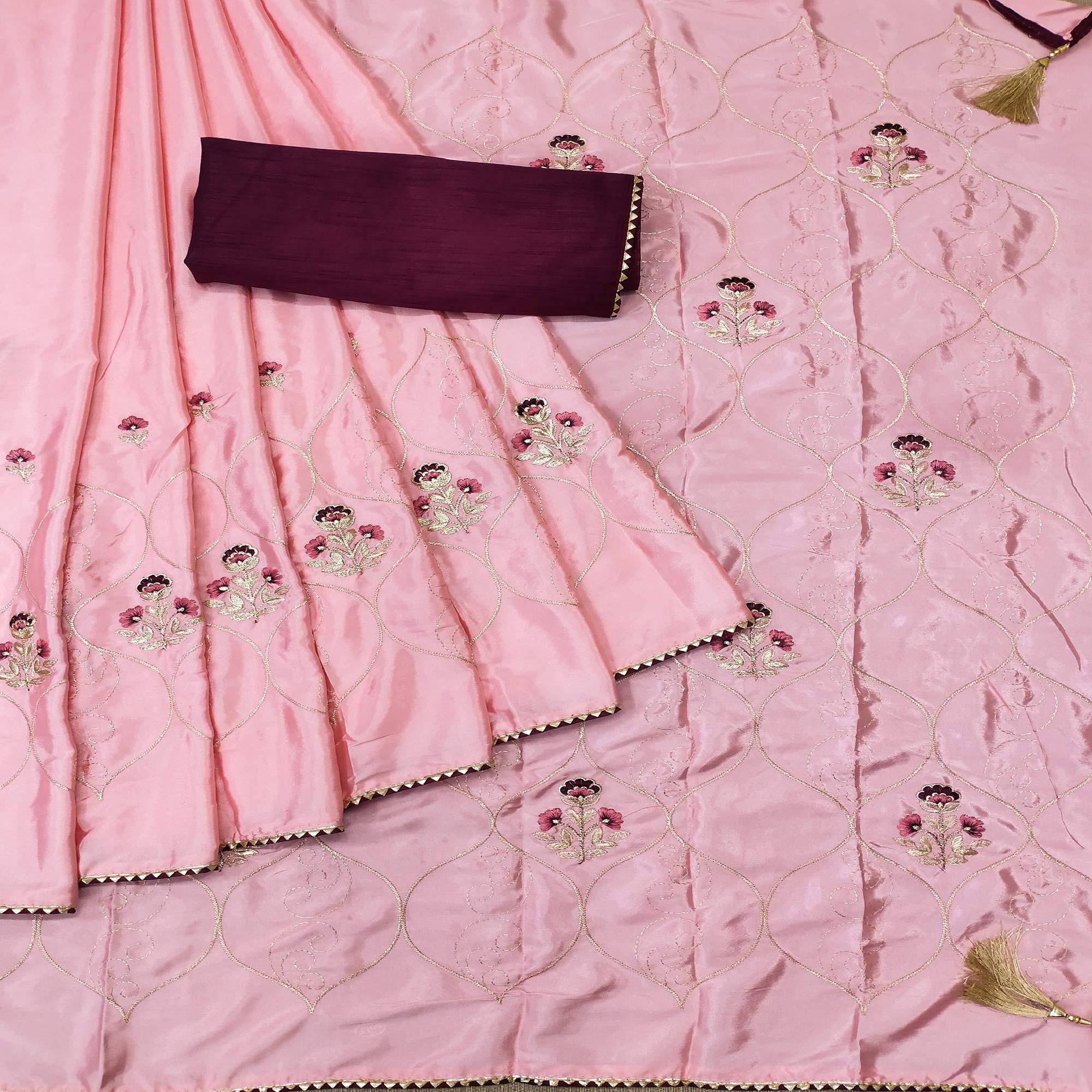 Pink Floral Zari Embroidered Silk Saree - Peachmode